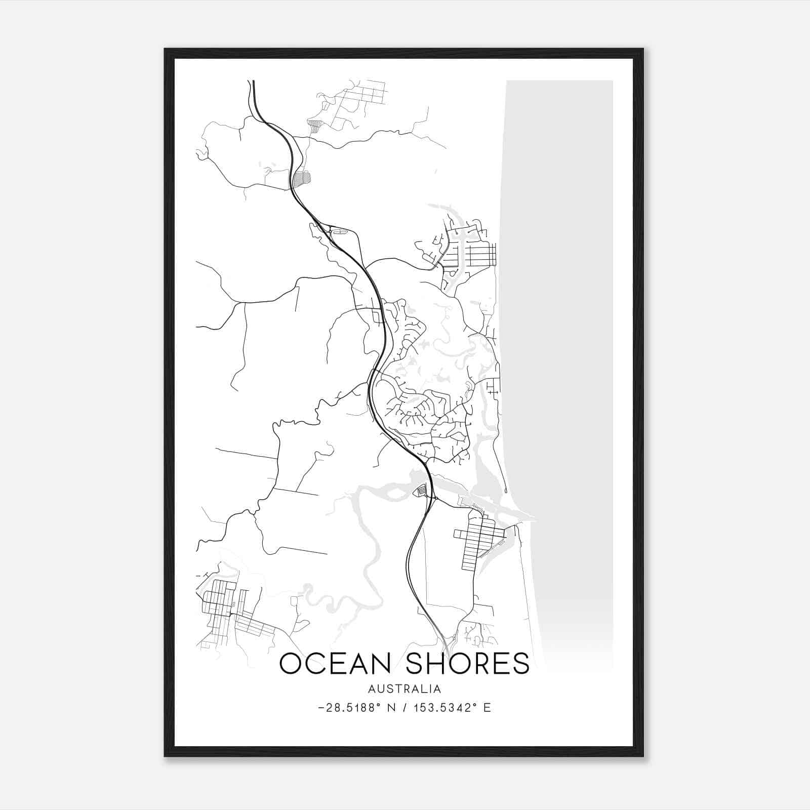Ocean Shores Australia Map Poster, Modern Home Decor Wall Art Print
