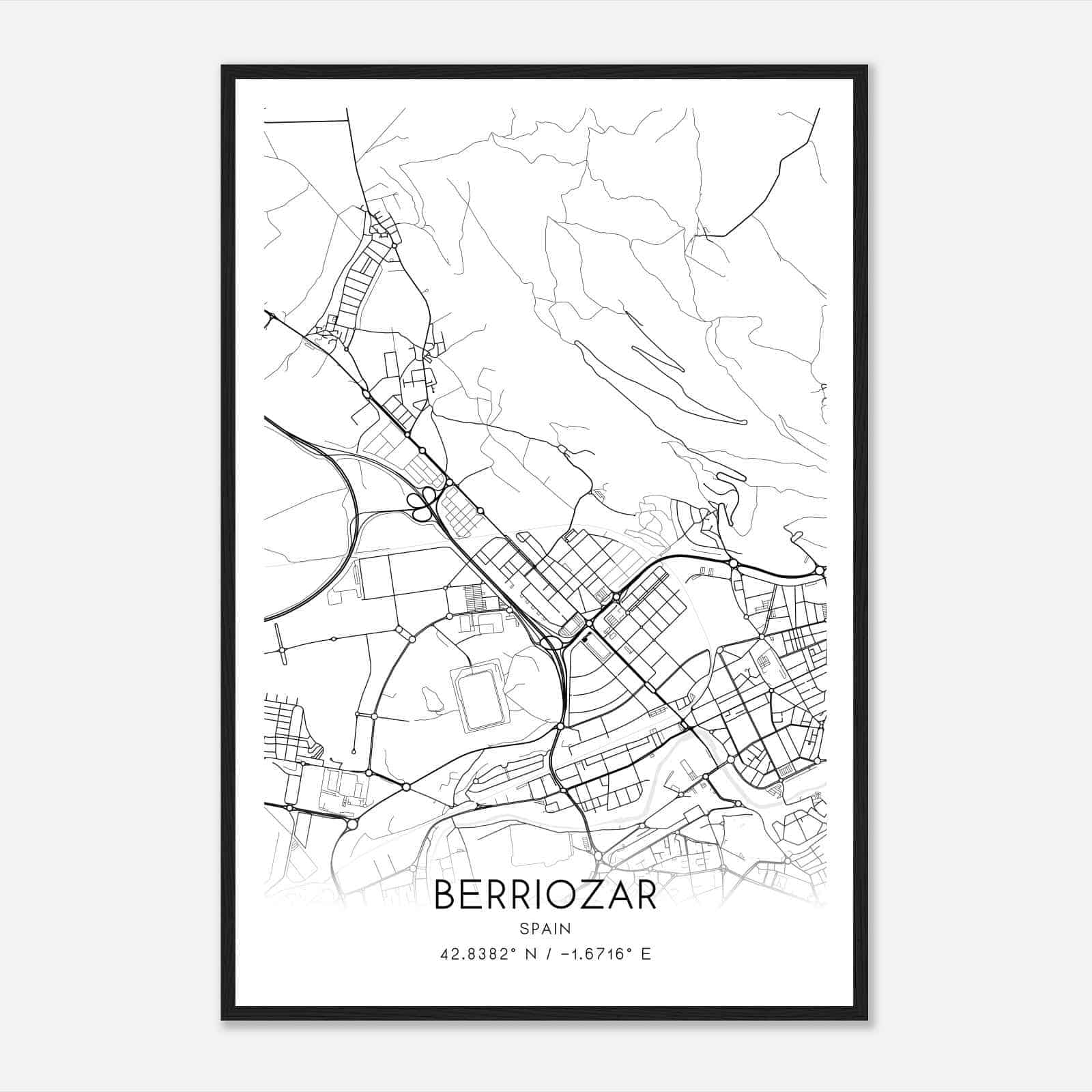 Berriozar Spain Map Poster, Modern Home Decor Wall Art Print