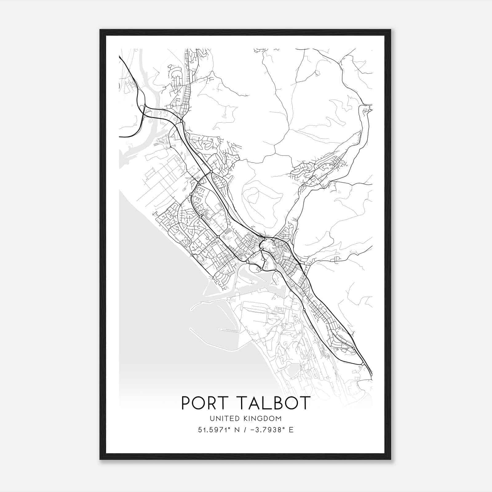 Port Talbot United Kingdom Map Poster, Modern Home Decor Wall Art Print