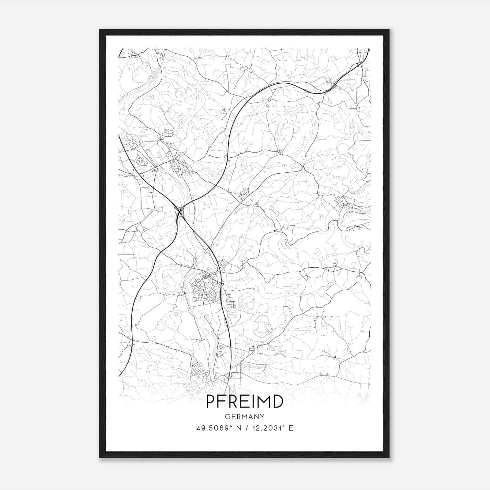 Pfreimd Germany Map Poster, Modern Home Decor Wall Art Print