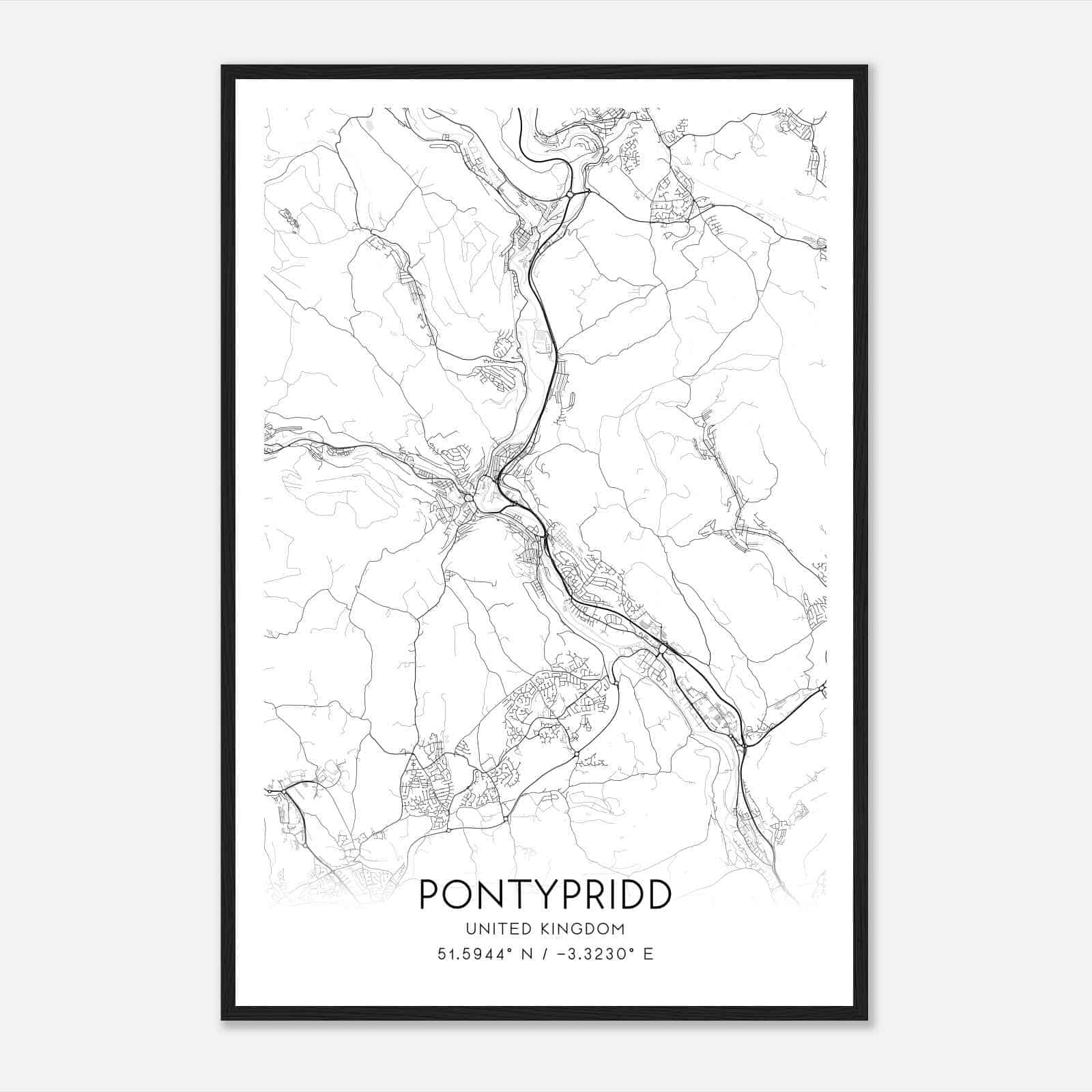 Pontypridd United Kingdom Map Poster, Modern Home Decor Wall Art Print