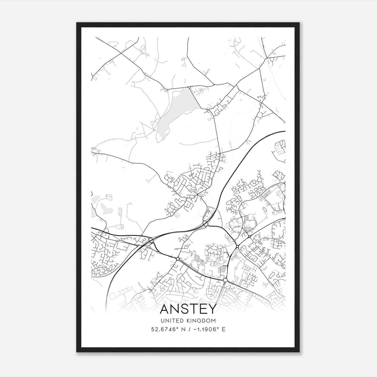 Anstey United Kingdom Map Poster, Modern Home Decor Wall Art Print