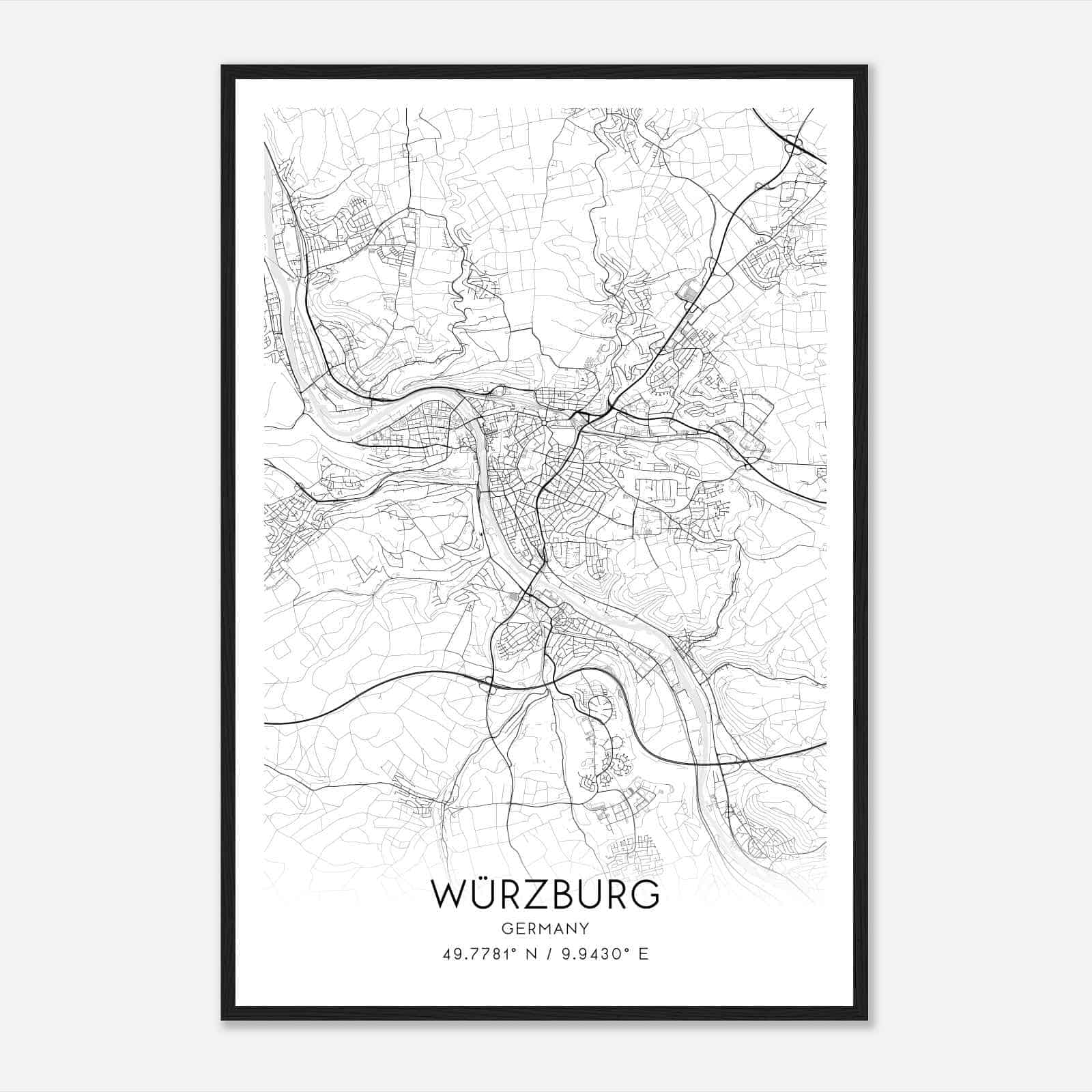 Wurzburg Germany Map Poster, Modern Home Decor Wall Art Print
