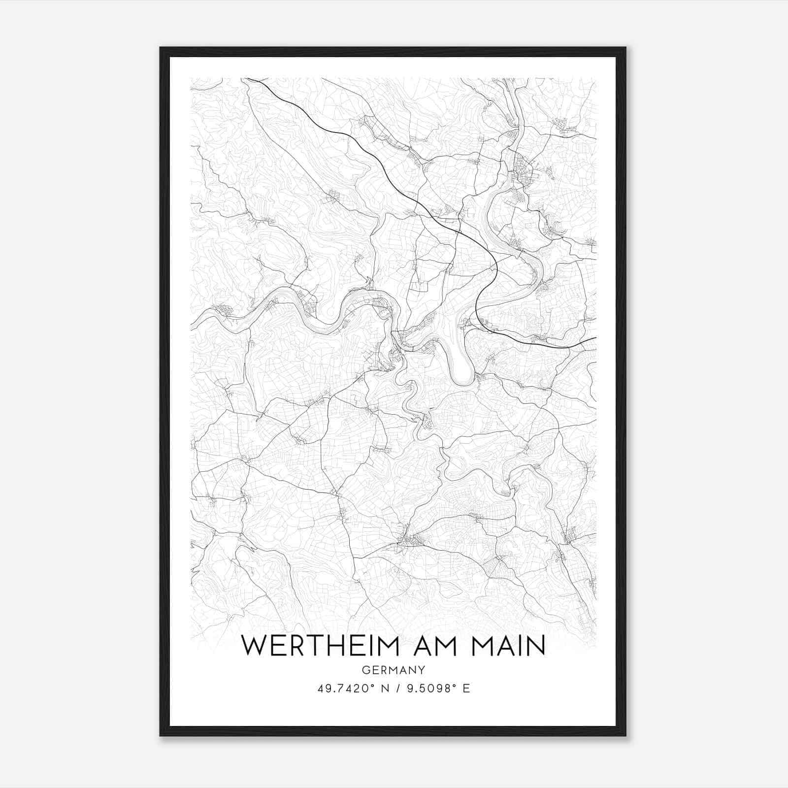 Wertheim Germany Map Poster, Modern Home Decor Wall Art Print