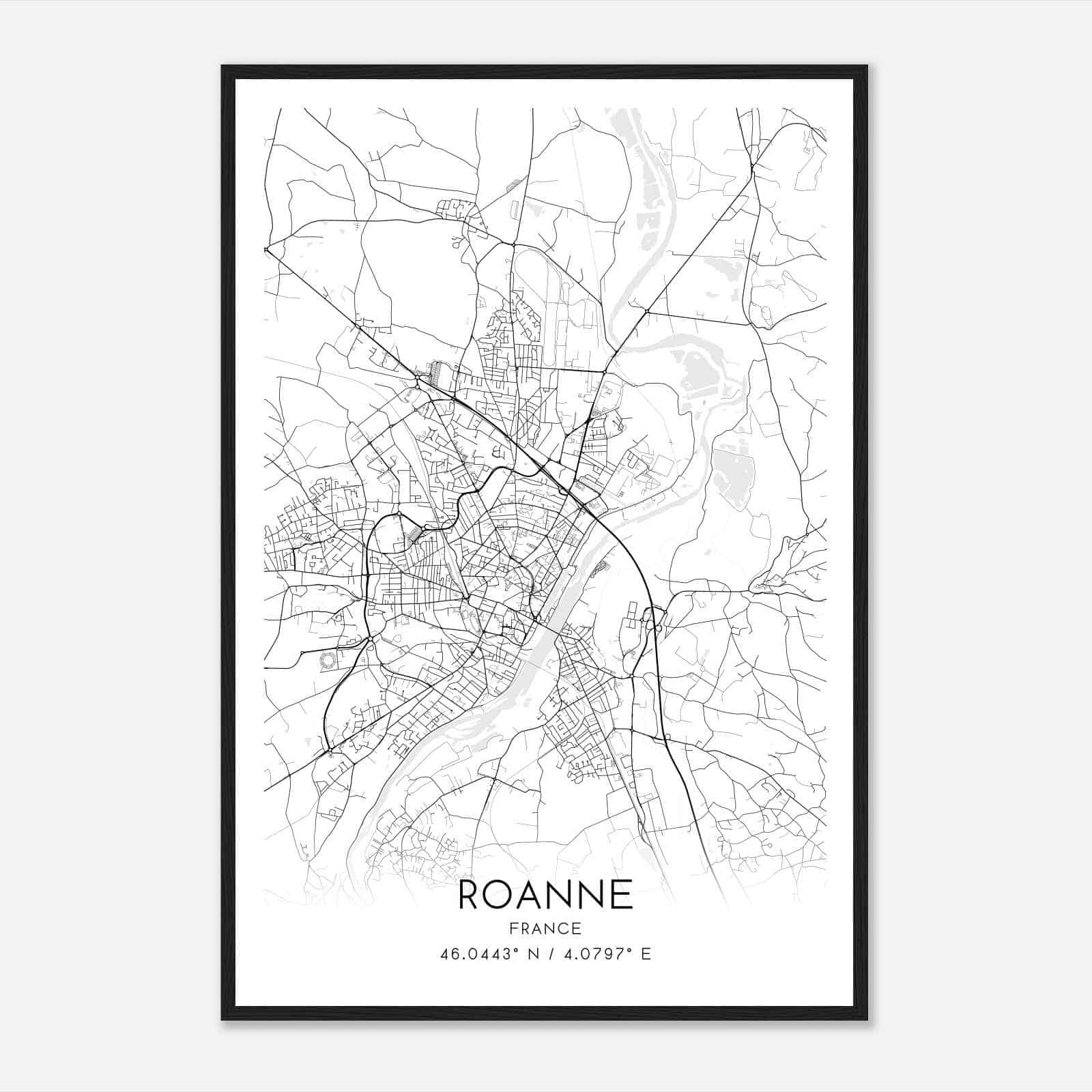 Roanne France Map Poster, Modern Home Decor Wall Art Print