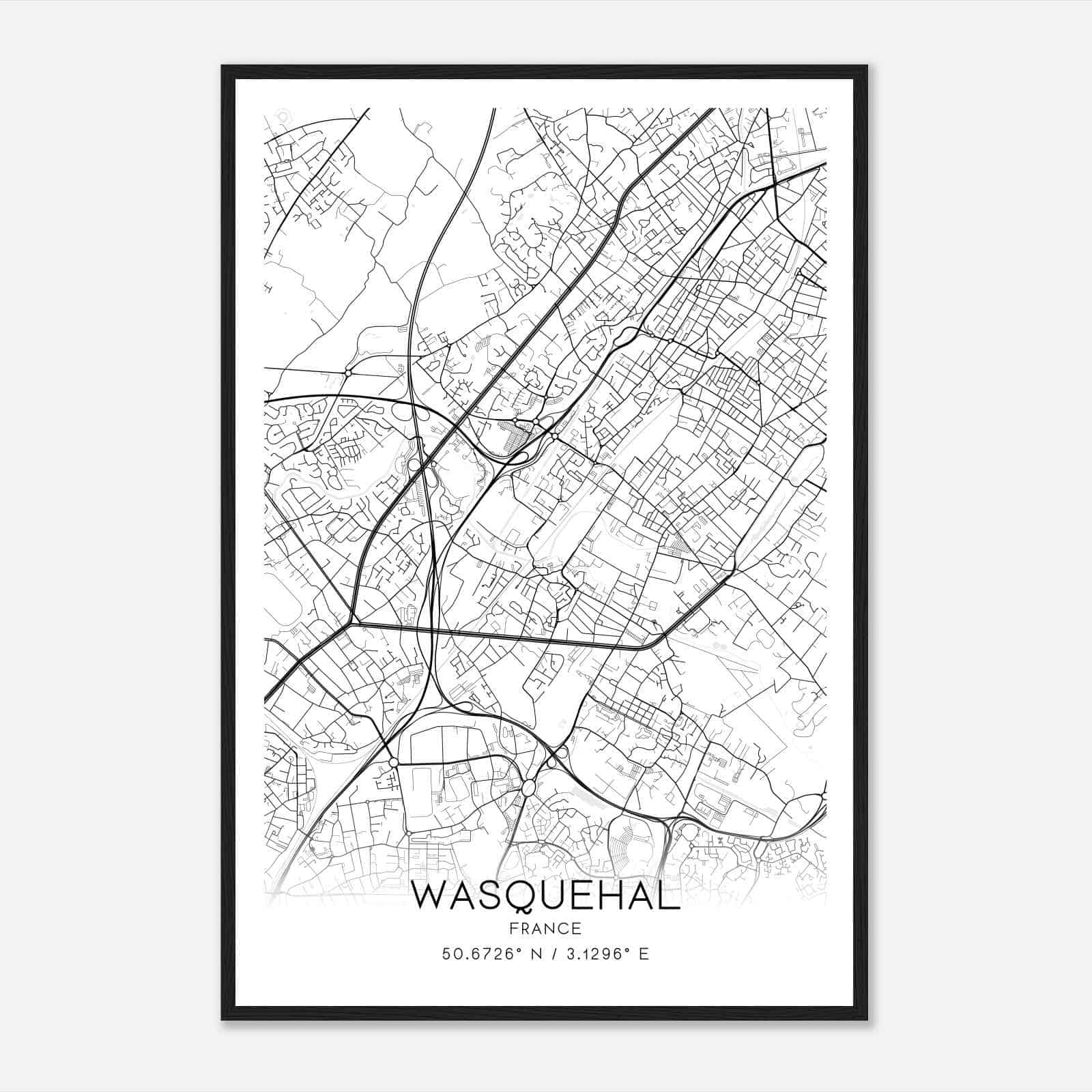 Wasquehal France Map Poster, Modern Home Decor Wall Art Print