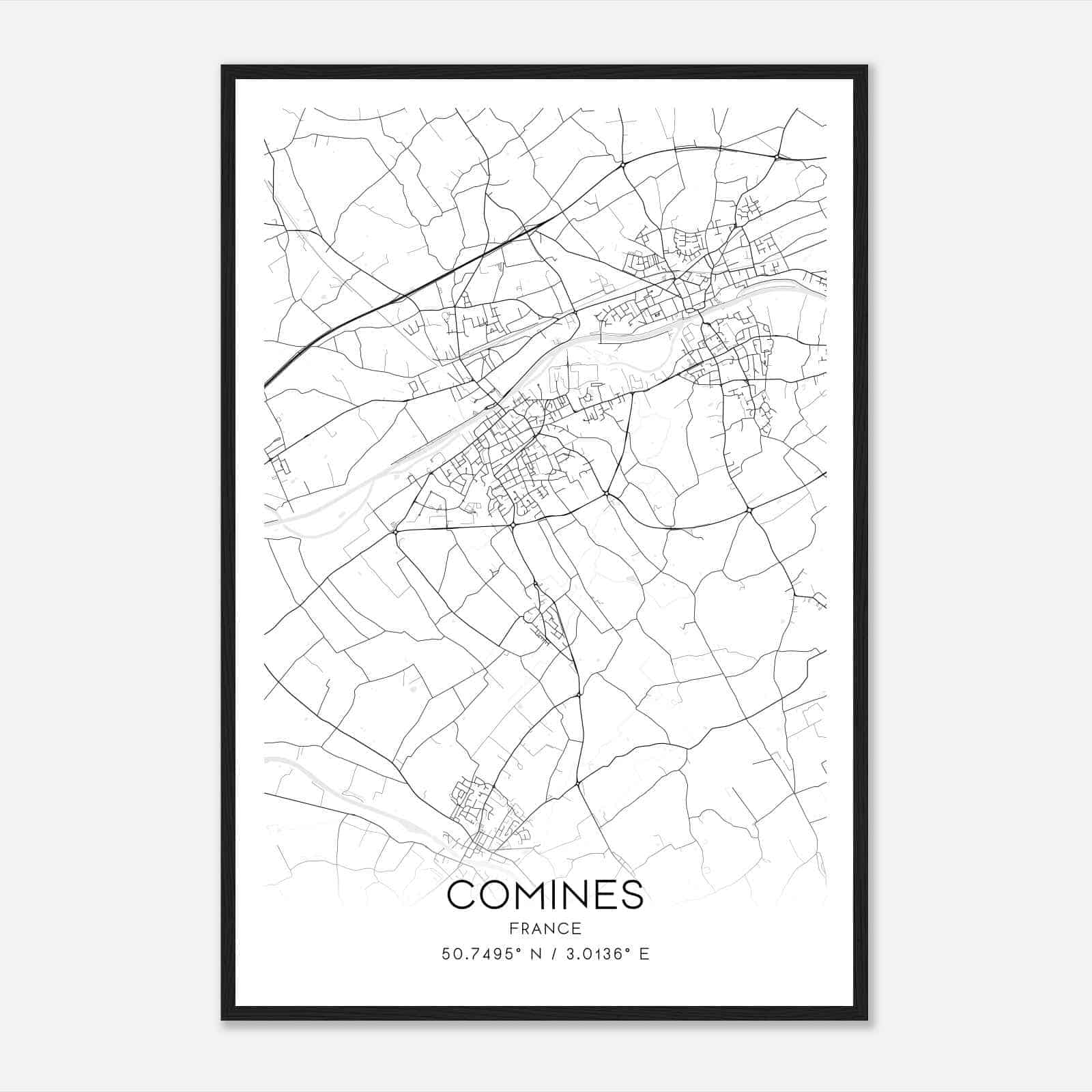 Comines France Map Poster, Modern Home Decor Wall Art Print