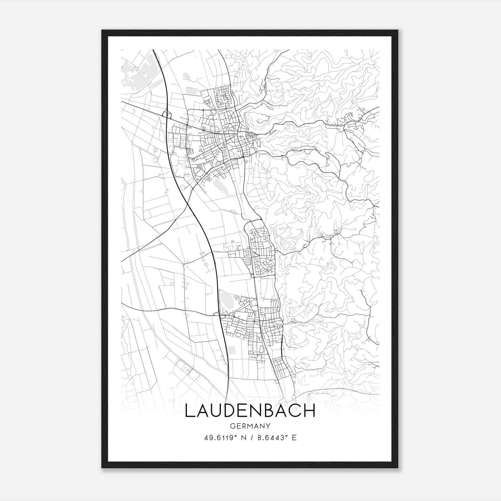 Laudenbach Germany Map Poster, Modern Home Decor Wall Art Print