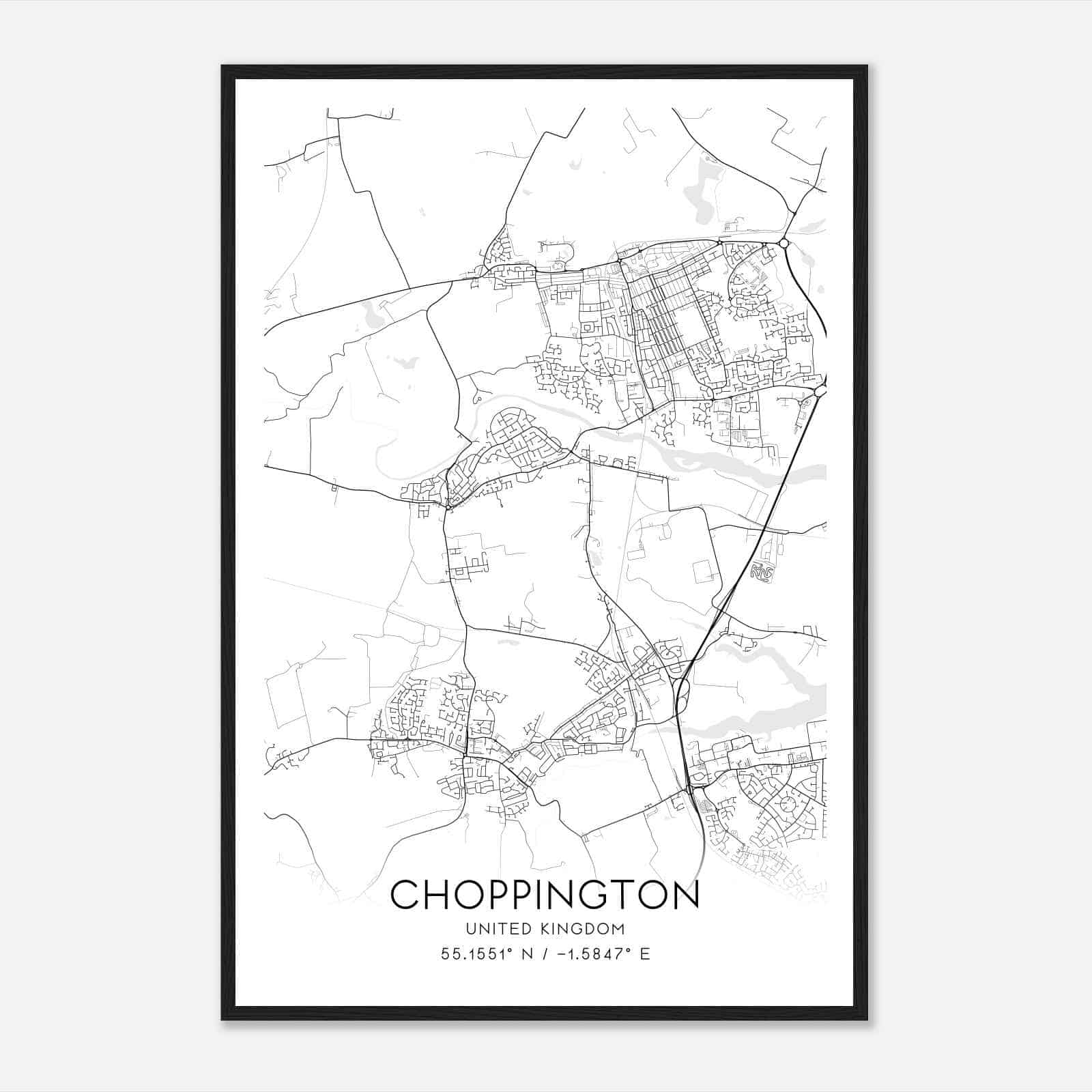 Choppington United Kingdom Map Poster, Modern Home Decor Wall Art Print