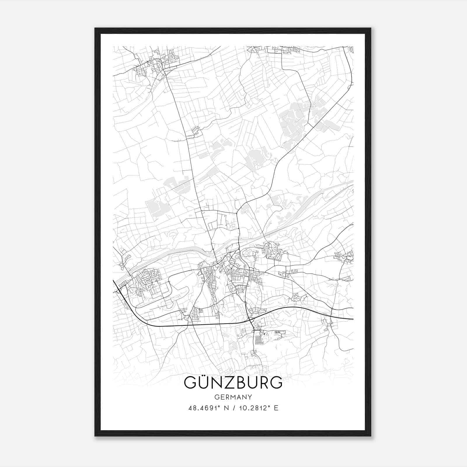 Gunzburg Germany Map Poster, Modern Home Decor Wall Art Print