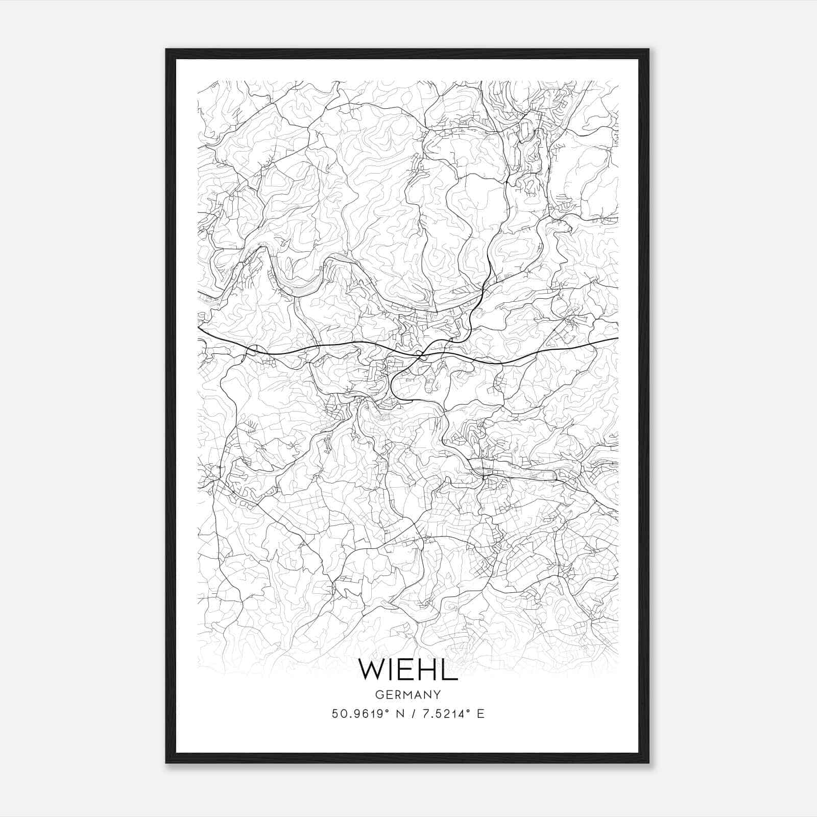 Wiehl Germany Map Poster, Modern Home Decor Wall Art Print
