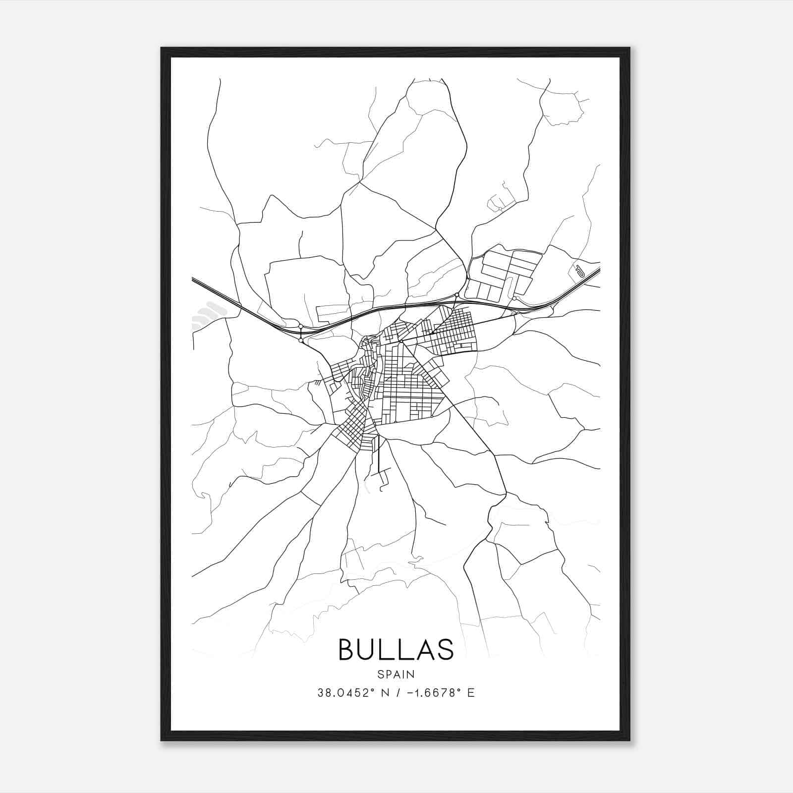 Bullas Spain Map Poster, Modern Home Decor Wall Art Print