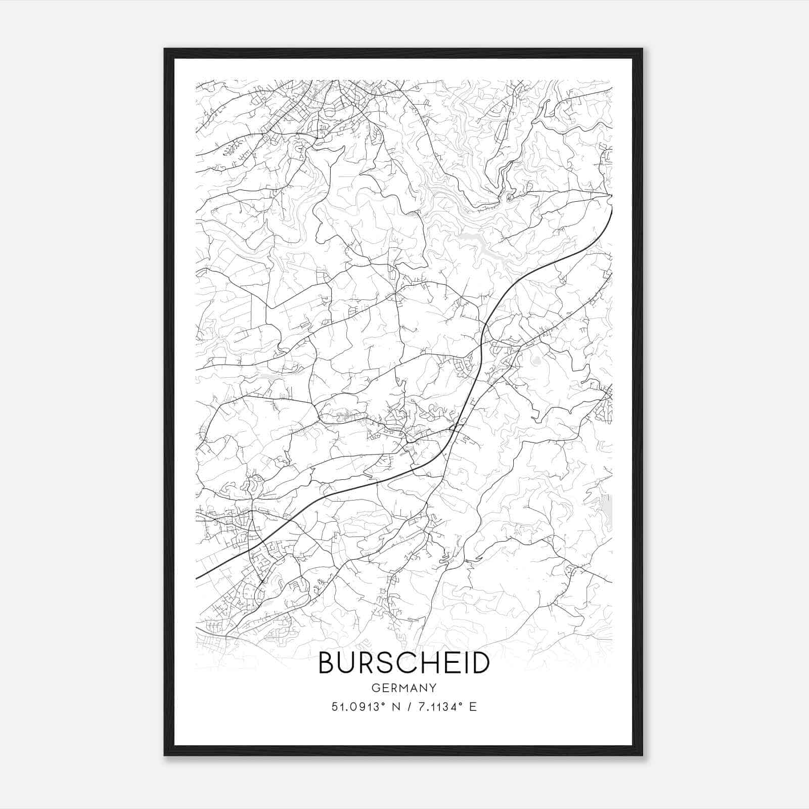 Burscheid Germany Map Poster, Modern Home Decor Wall Art Print