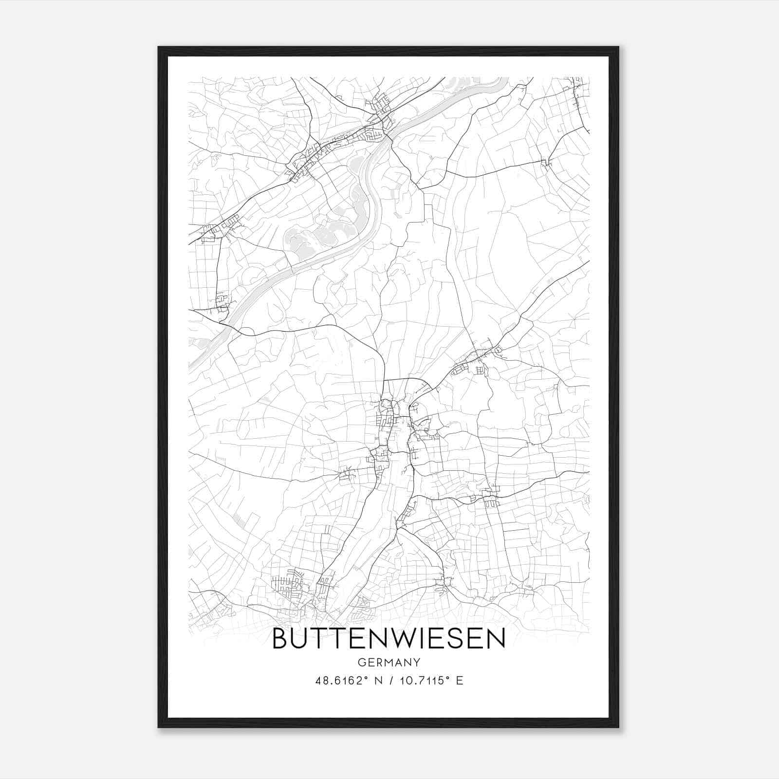 Buttenwiesen Germany Map Poster, Modern Home Decor Wall Art Print
