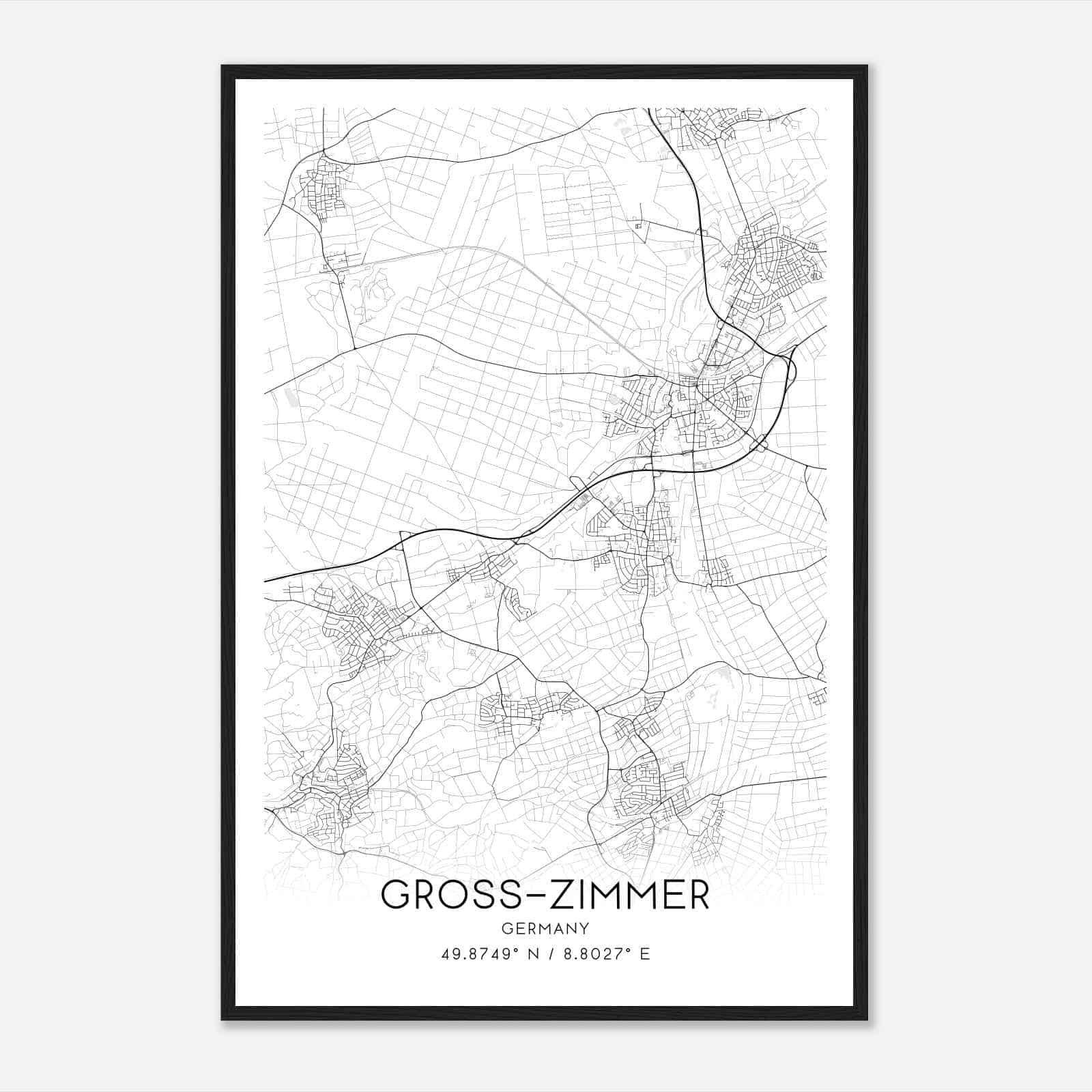 Gross-Zimmern Germany Map Poster, Modern Home Decor Wall Art Print