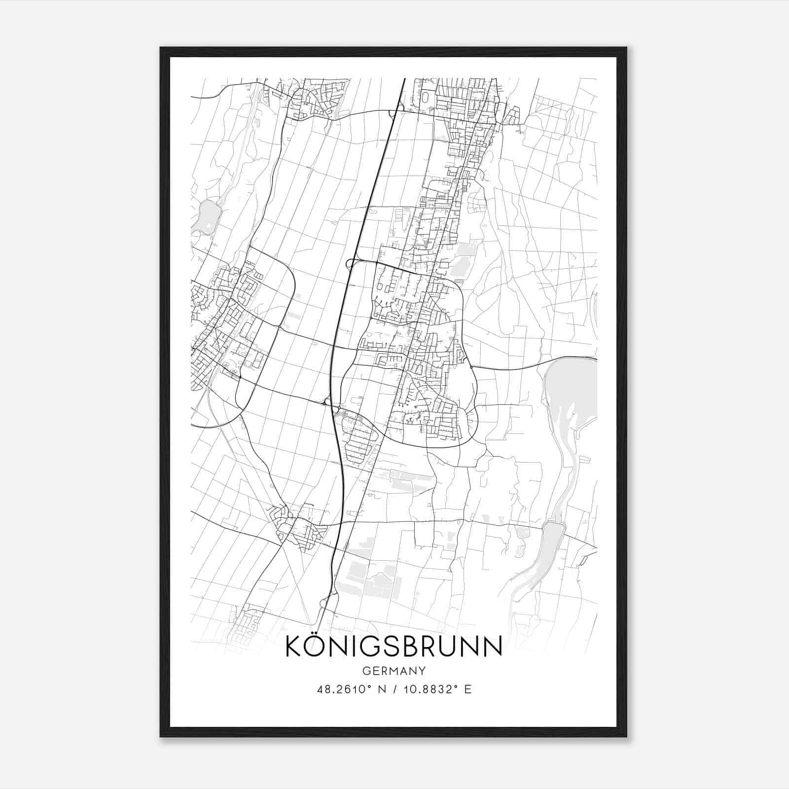 Konigsbrunn Germany Map Poster, Modern Home Decor Wall Art Print