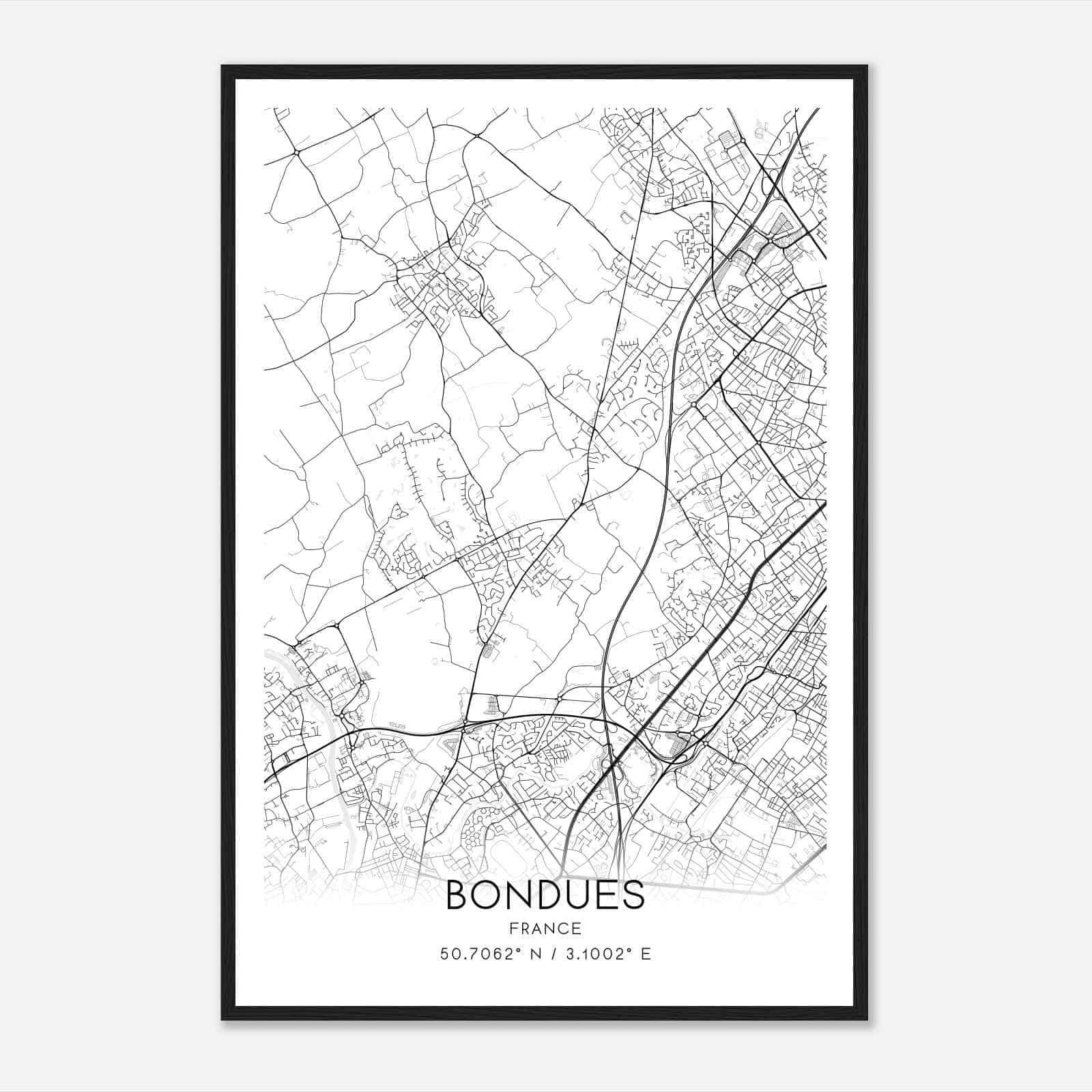 Bondues France Map Poster, Modern Home Decor Wall Art Print