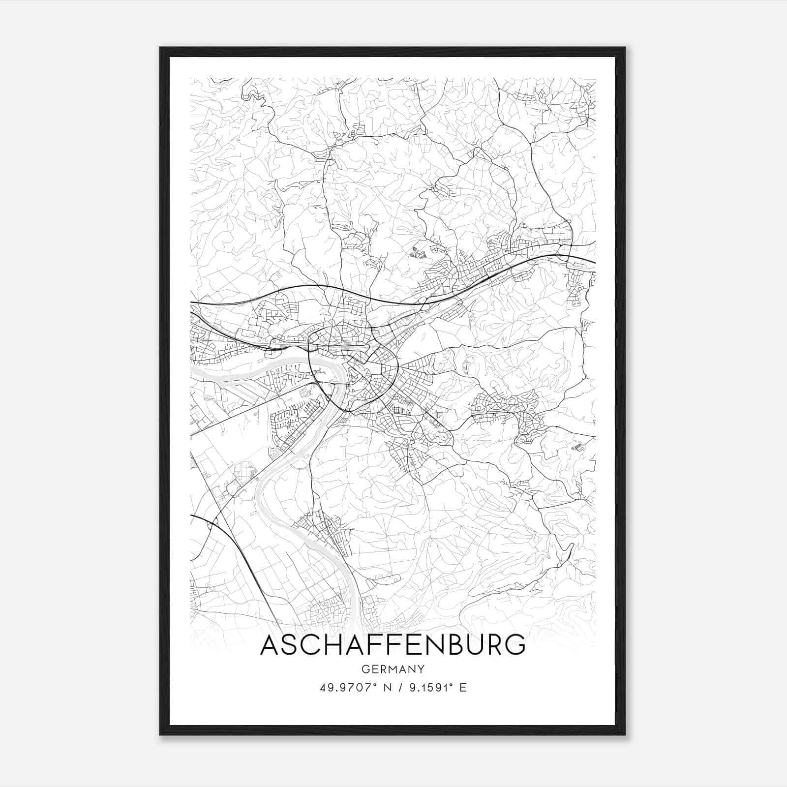 Aschaffenburg Germany Map Poster, Modern Home Decor Wall Art Print