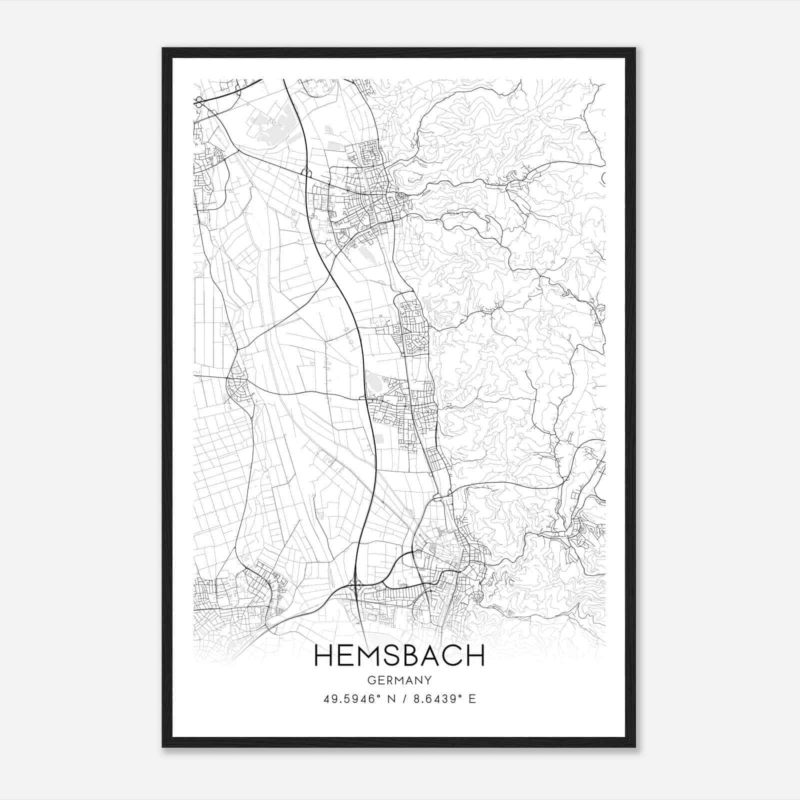 Hemsbach Germany Map Poster, Modern Home Decor Wall Art Print