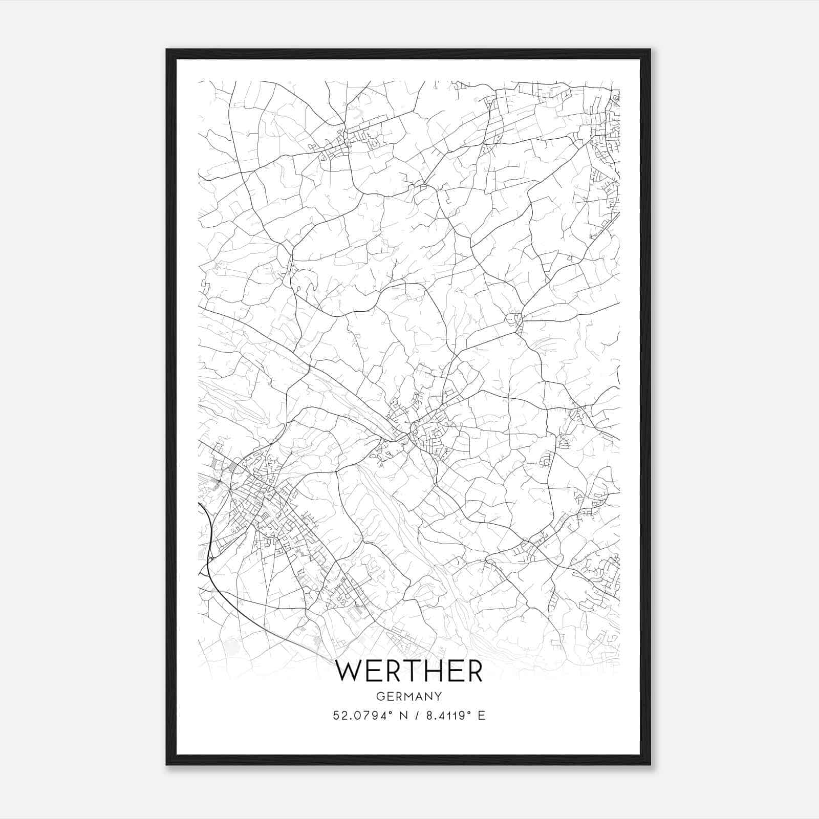 Werther Germany Map Poster, Modern Home Decor Wall Art Print