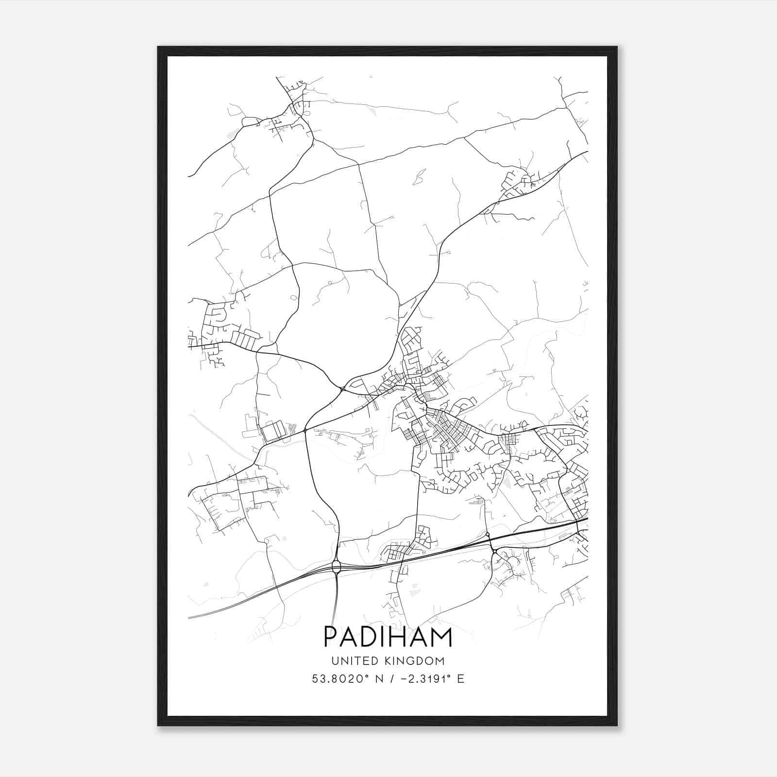 Padiham United Kingdom Map Poster, Modern Home Decor Wall Art Print