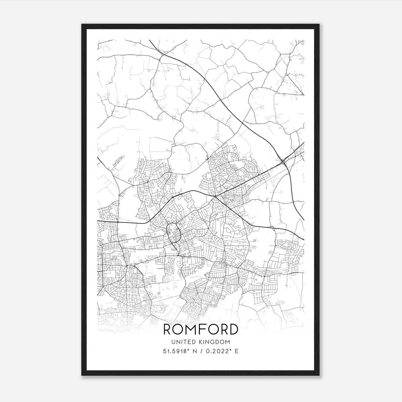 Romford United Kingdom Map Poster, Modern Home Decor Wall Art Print