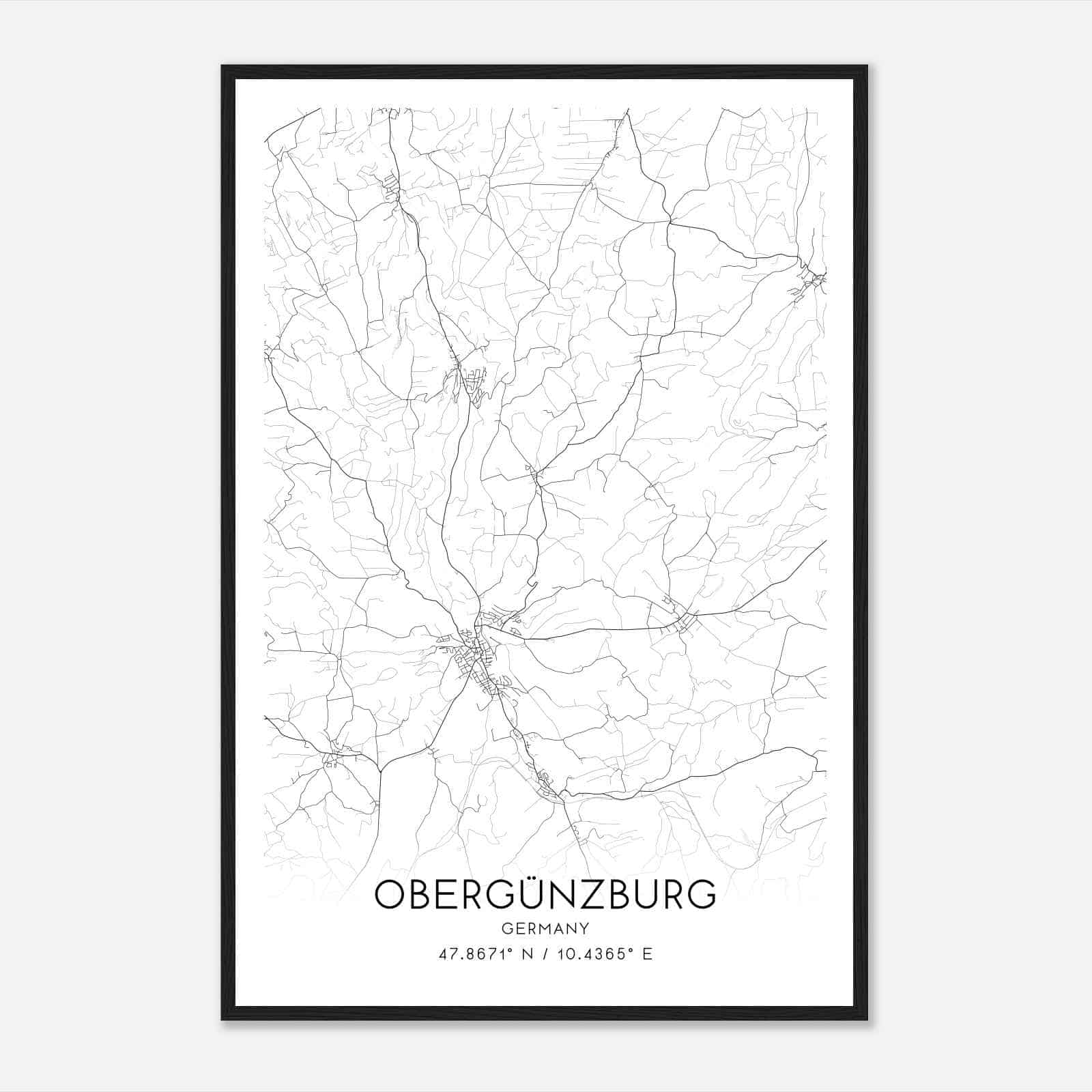 Obergunzburg Germany Map Poster, Modern Home Decor Wall Art Print
