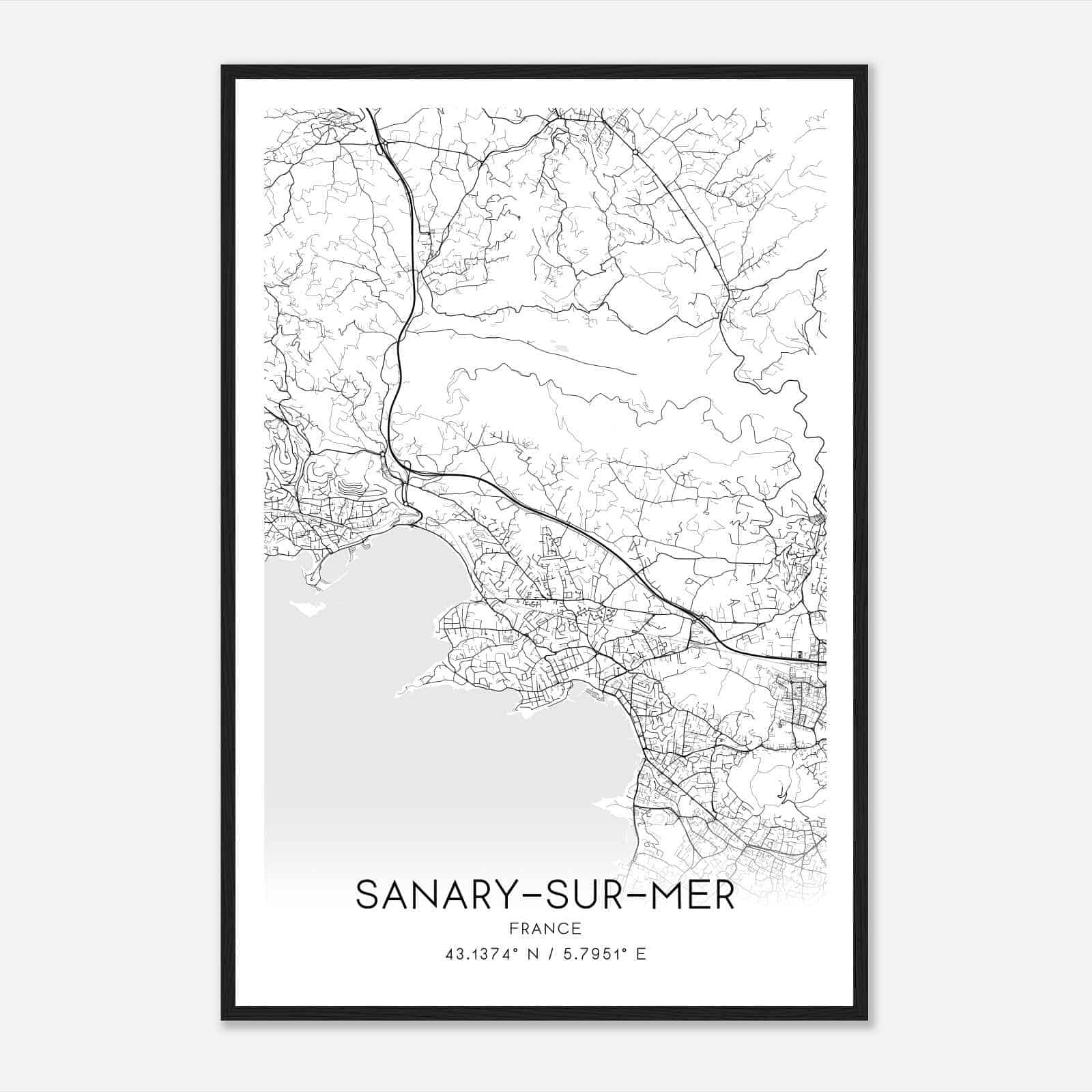 Sanary-sur-Mer France Map Poster, Modern Home Decor Wall Art Print