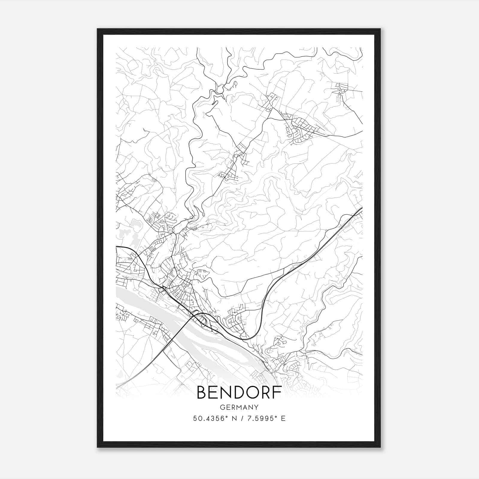 Bendorf Germany Map Poster, Modern Home Decor Wall Art Print