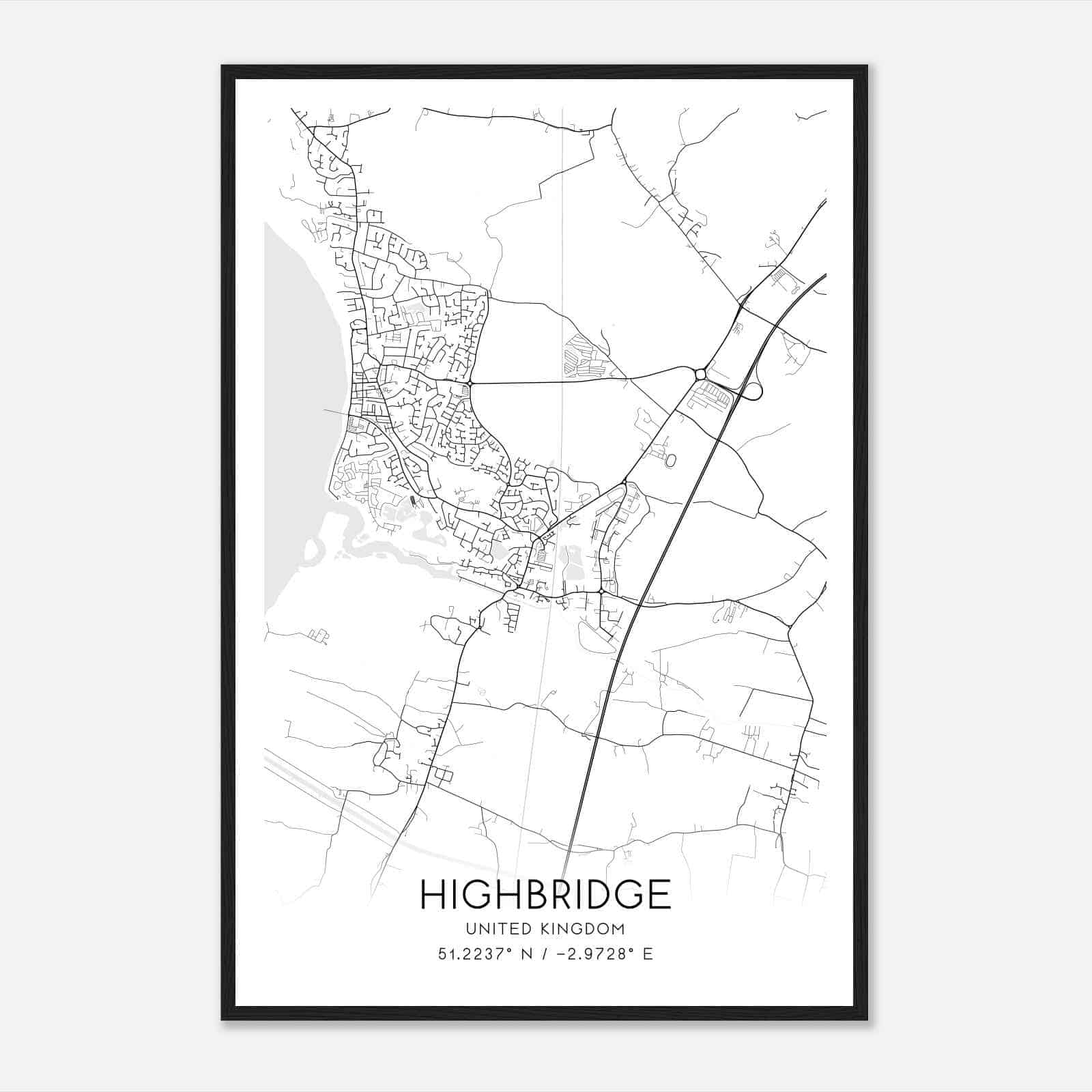 Highbridge United Kingdom Map Poster, Modern Home Decor Wall Art Print