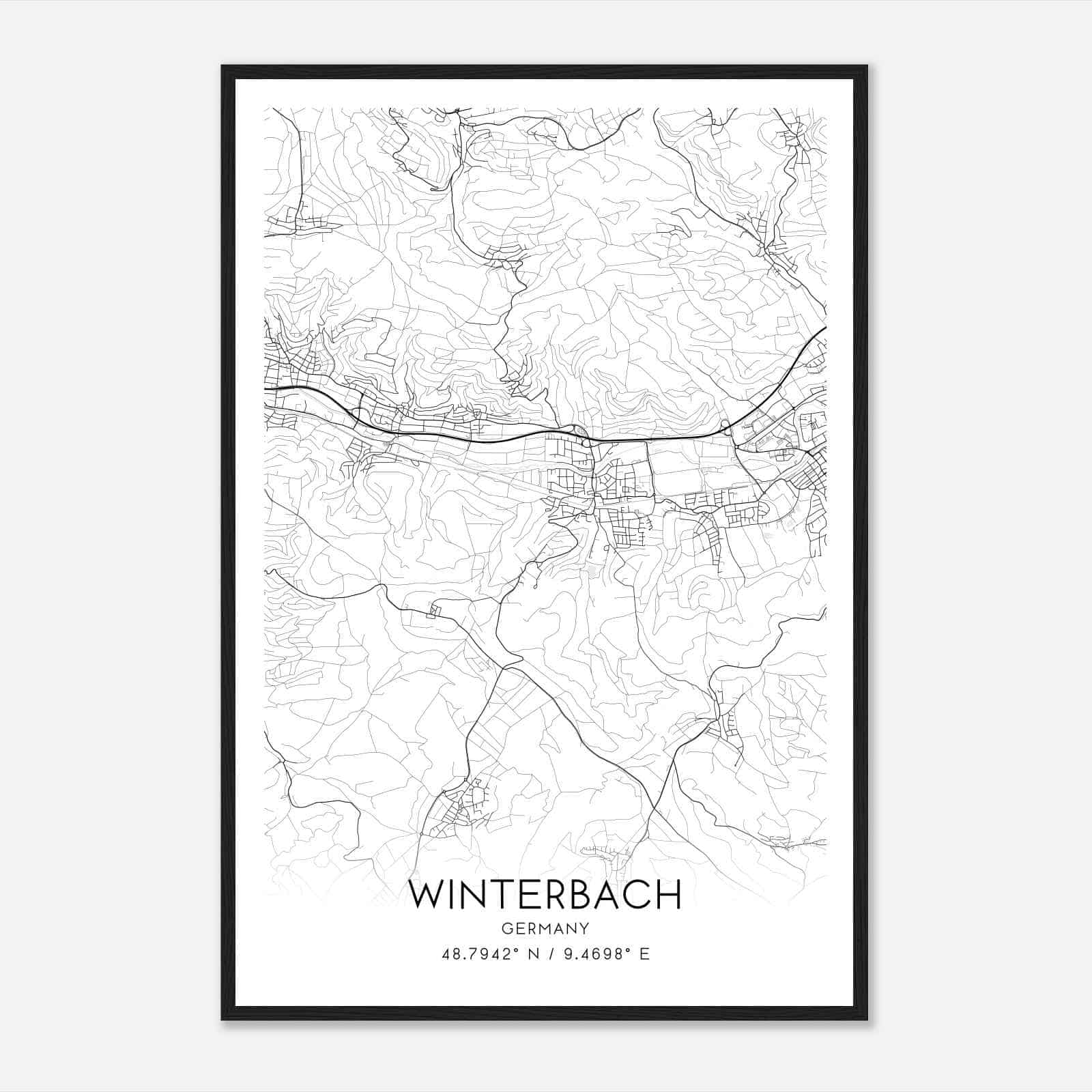 Winterbach Germany Map Poster, Modern Home Decor Wall Art Print