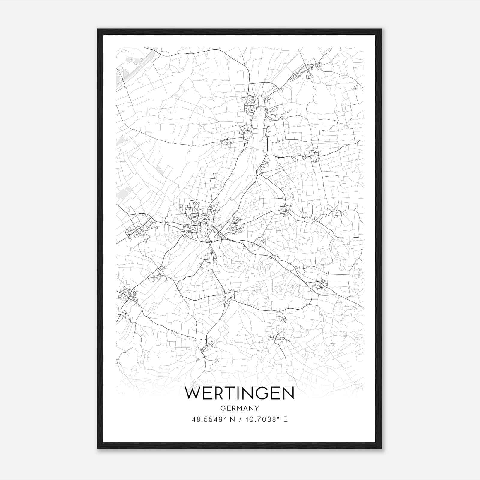 Wertingen Germany Map Poster, Modern Home Decor Wall Art Print
