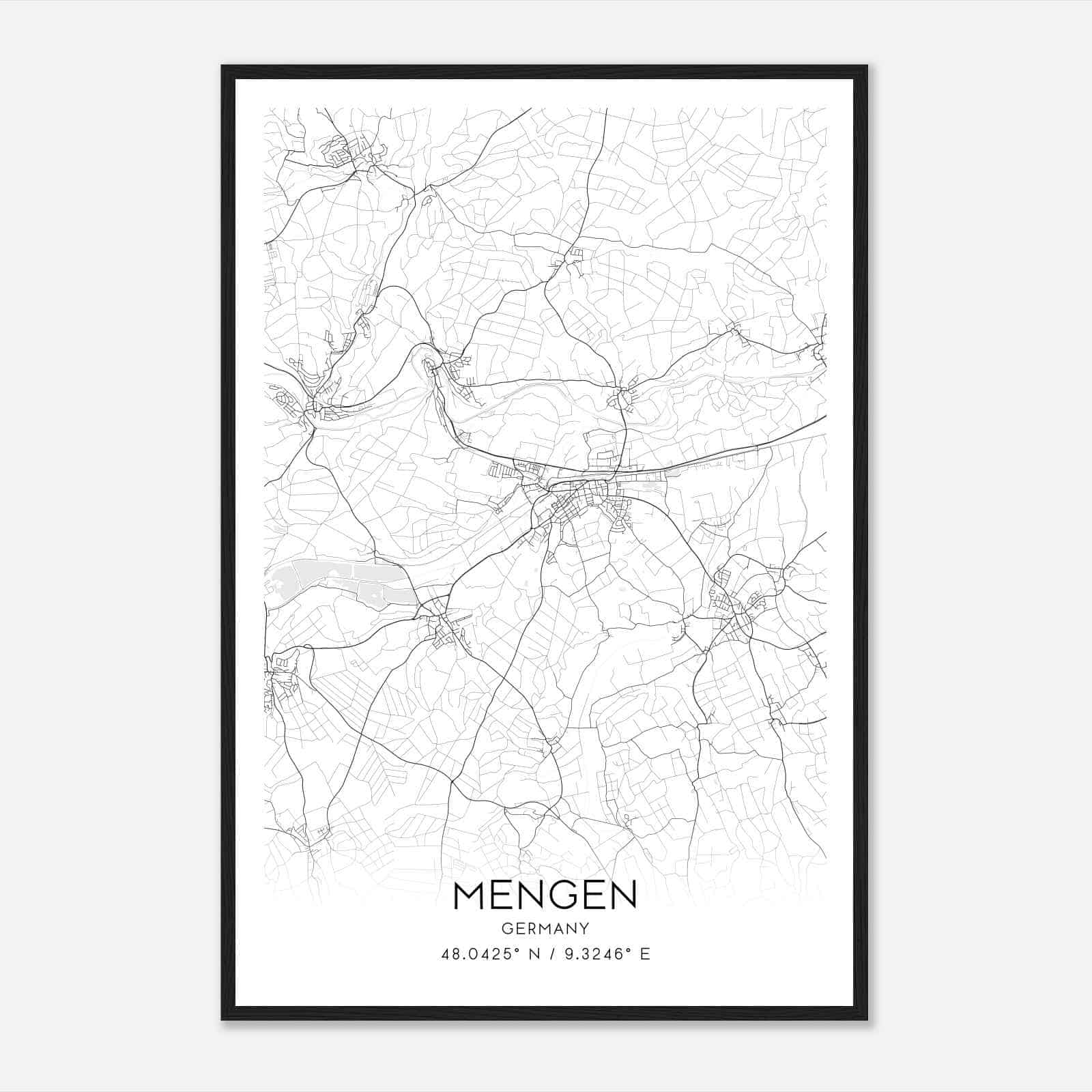 Mengen Germany Map Poster, Modern Home Decor Wall Art Print
