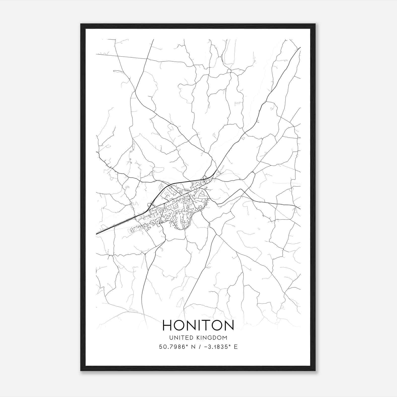 Honiton United Kingdom Map Poster, Modern Home Decor Wall Art Print
