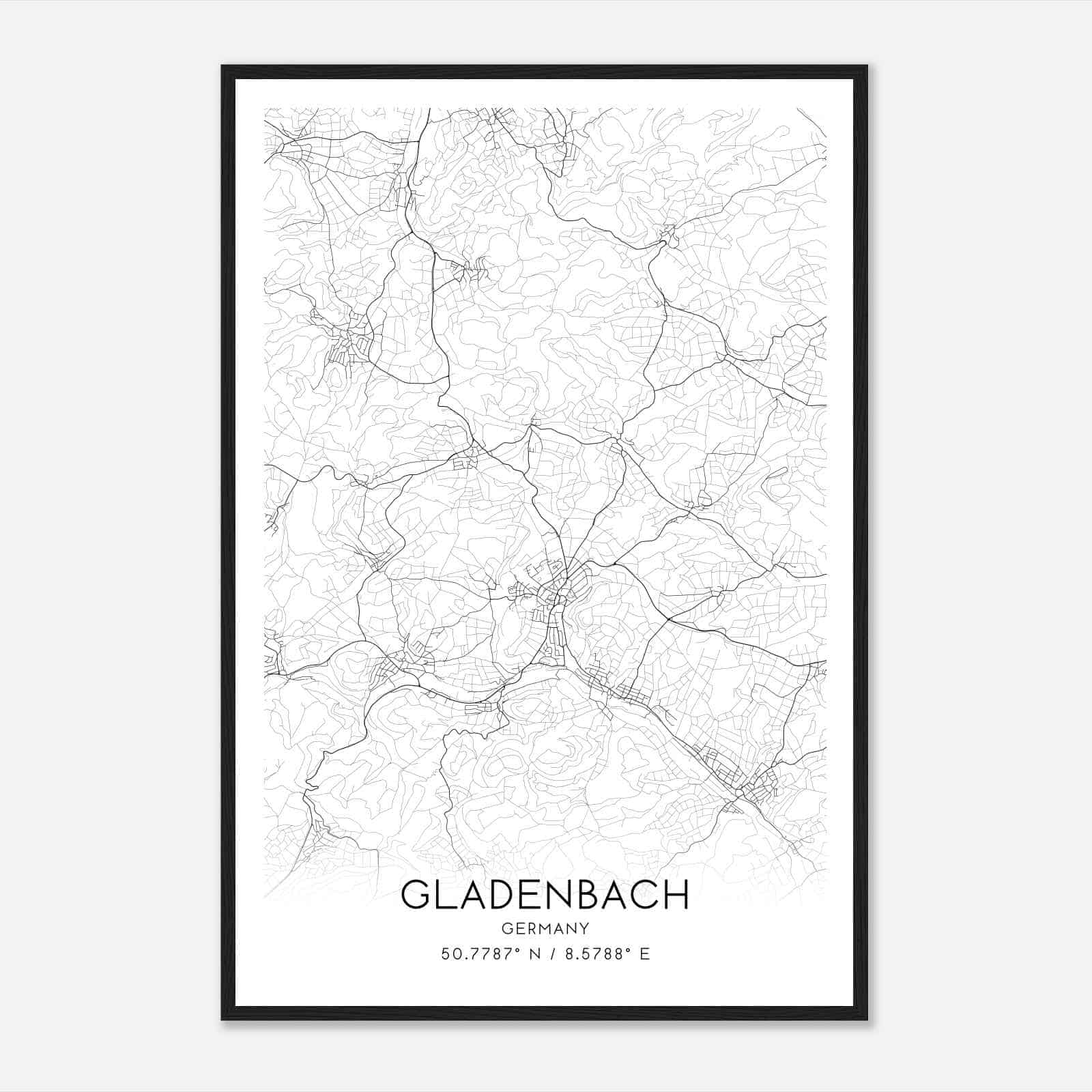 Gladenbach Germany Map Poster, Modern Home Decor Wall Art Print