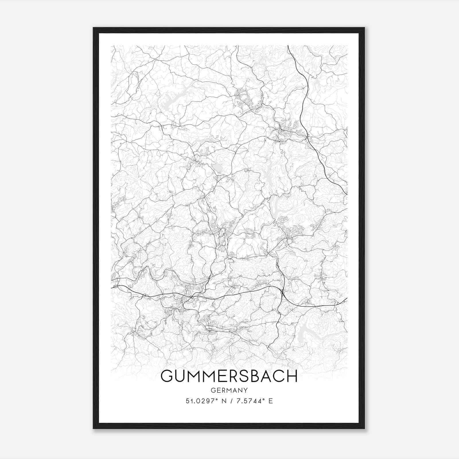 Gummersbach Germany Map Poster, Modern Home Decor Wall Art Print