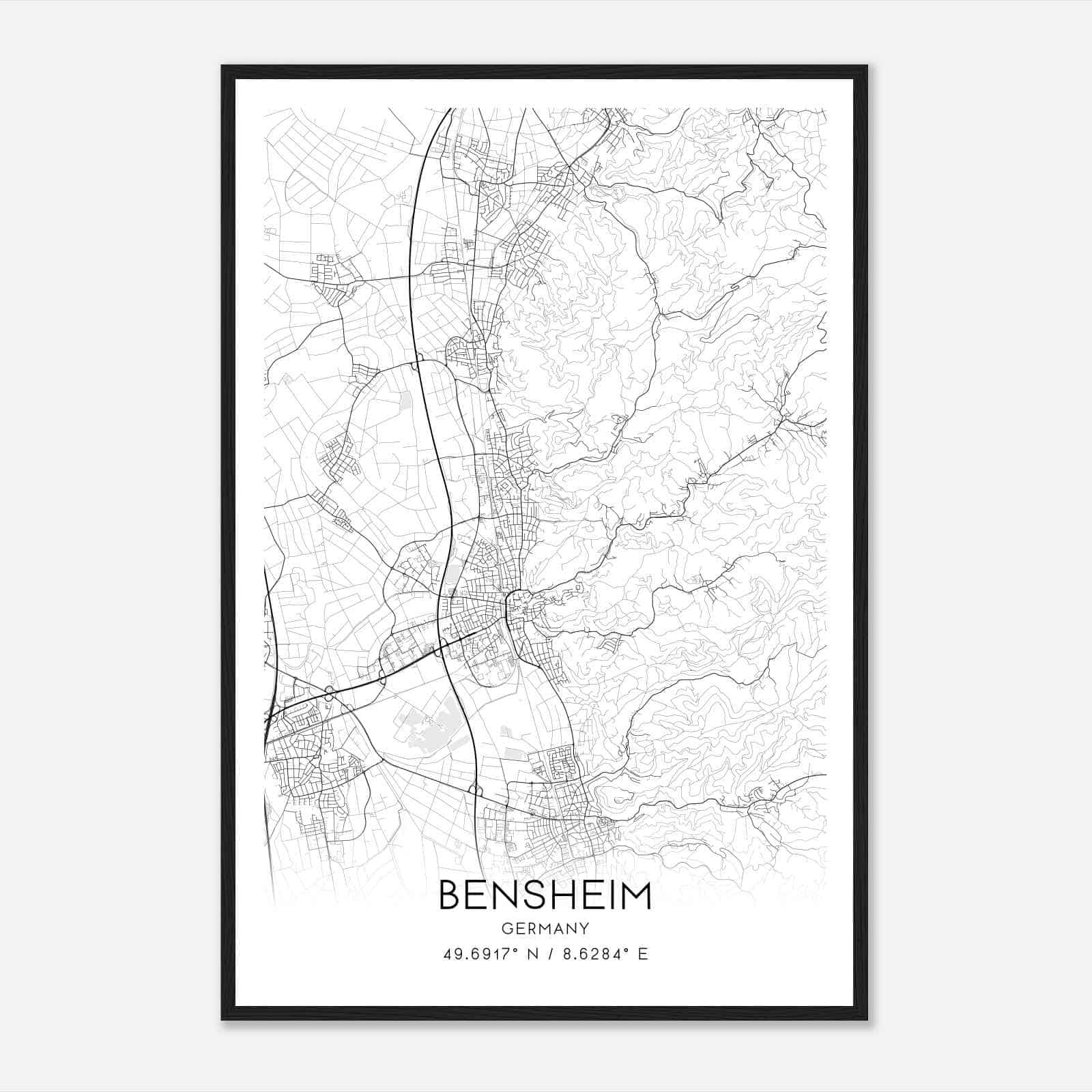 Bensheim Germany Map Poster, Modern Home Decor Wall Art Print