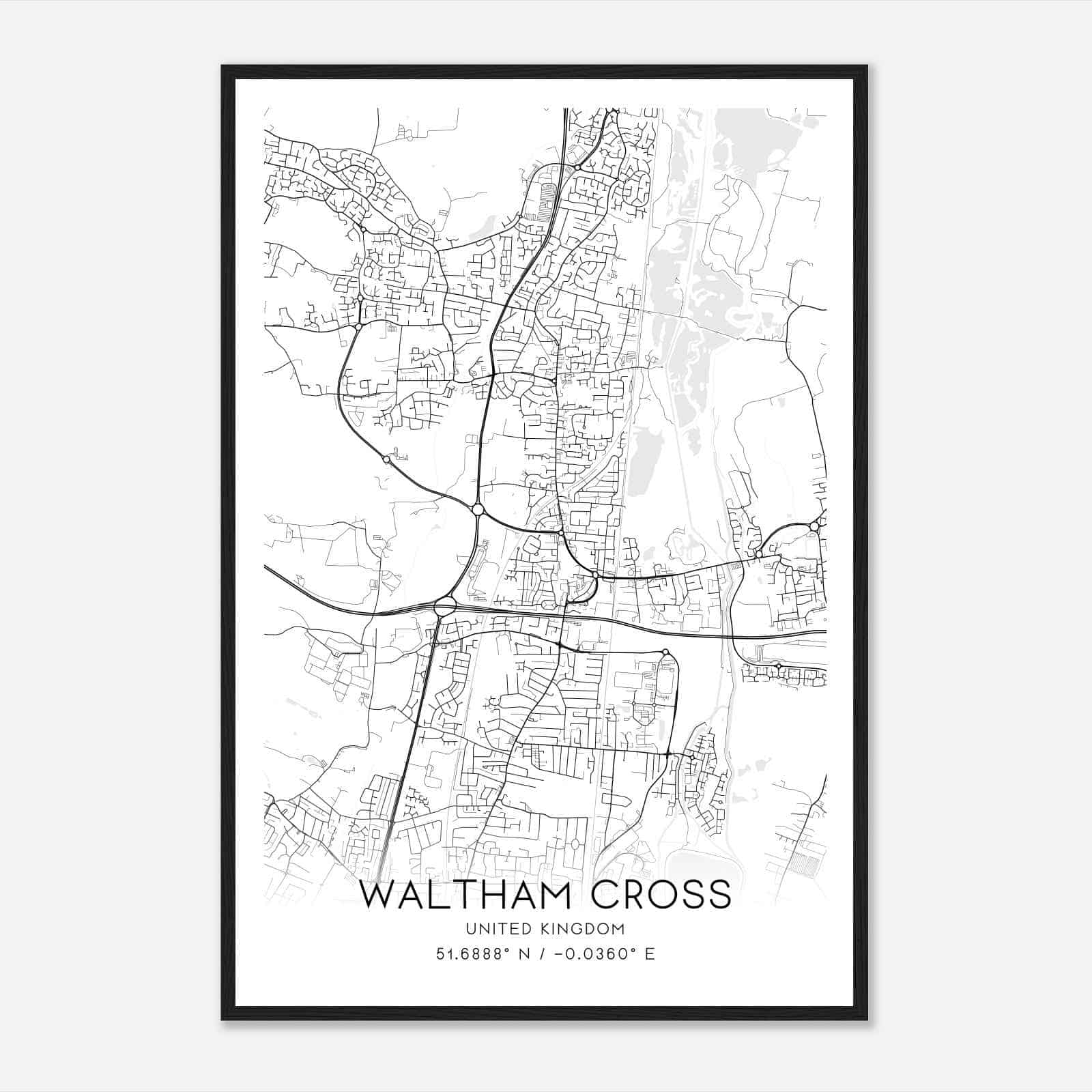 Waltham Cross United Kingdom Map Poster, Modern Home Decor Wall Art Print