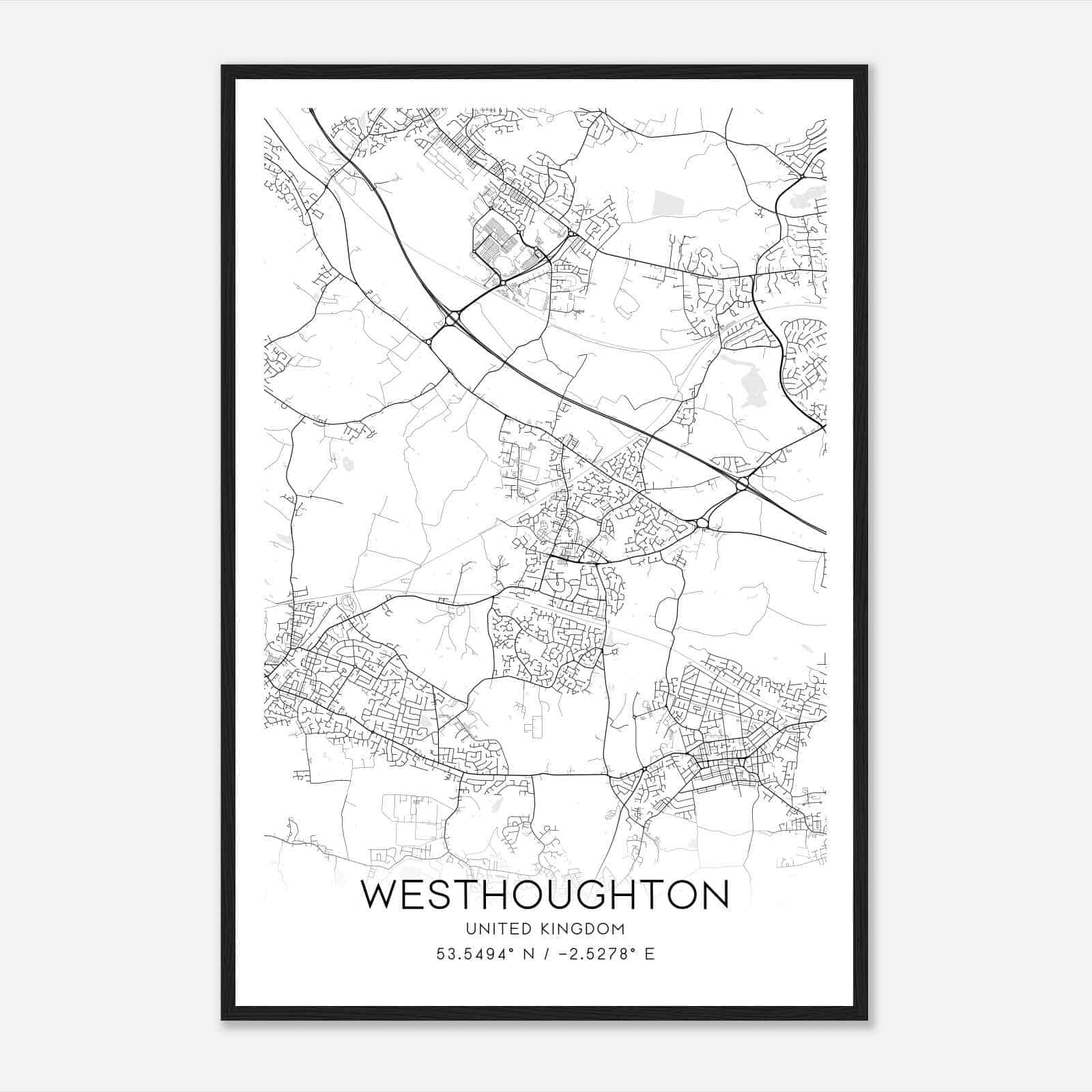 Westhoughton United Kingdom Map Poster, Modern Home Decor Wall Art Print