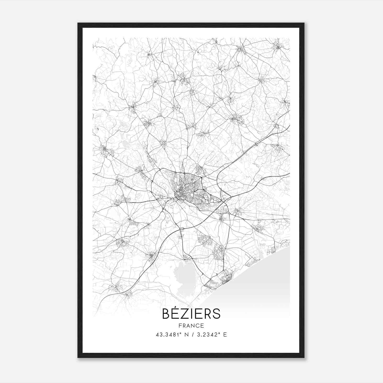 Beziers France Map Poster, Modern Home Decor Wall Art Print