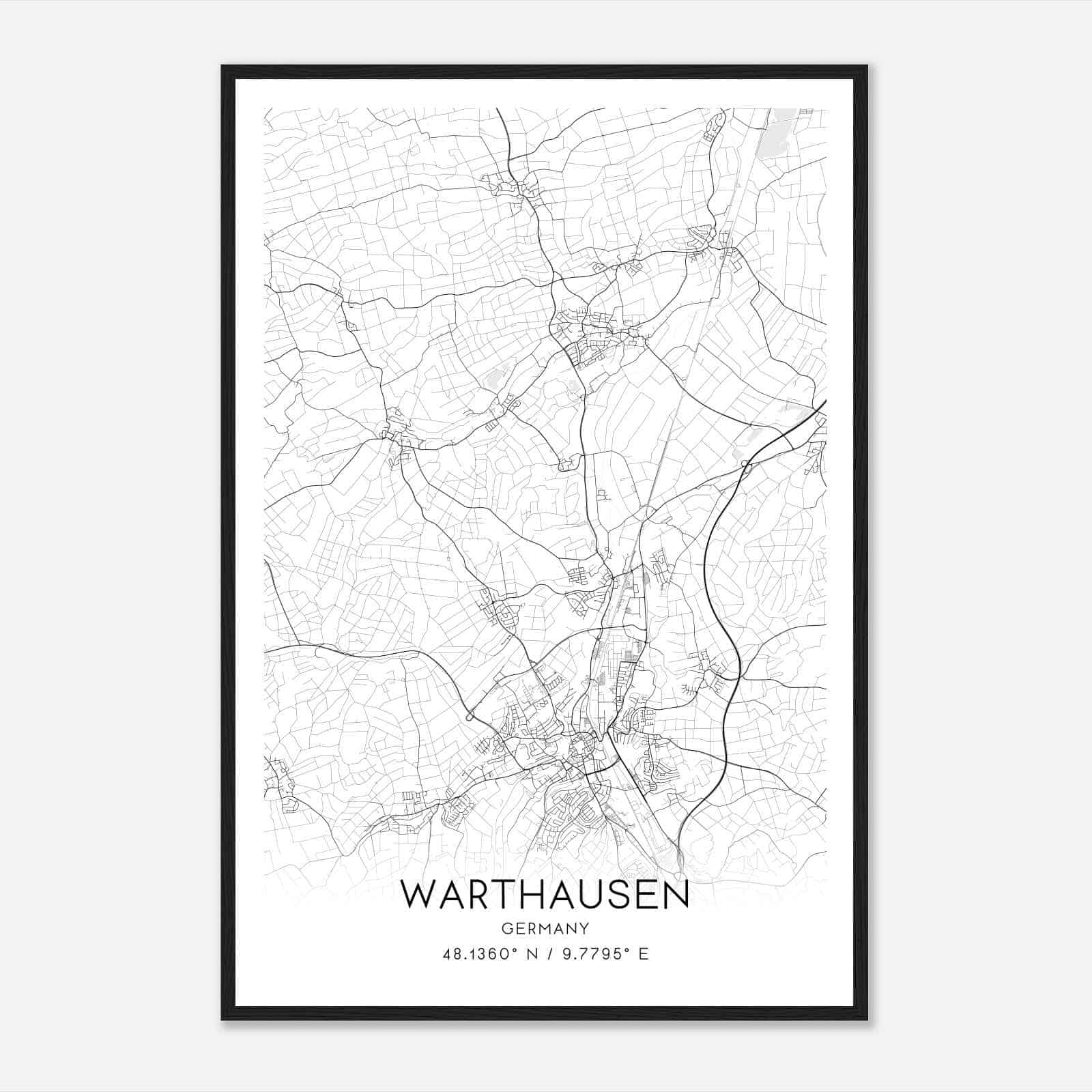 Warthausen Germany Map Poster, Modern Home Decor Wall Art Print