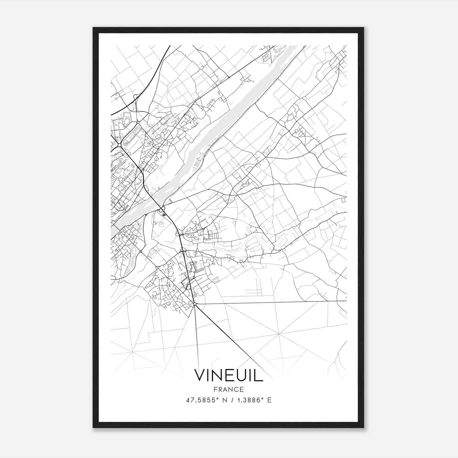 Vineuil France Map Poster, Modern Home Decor Wall Art Print