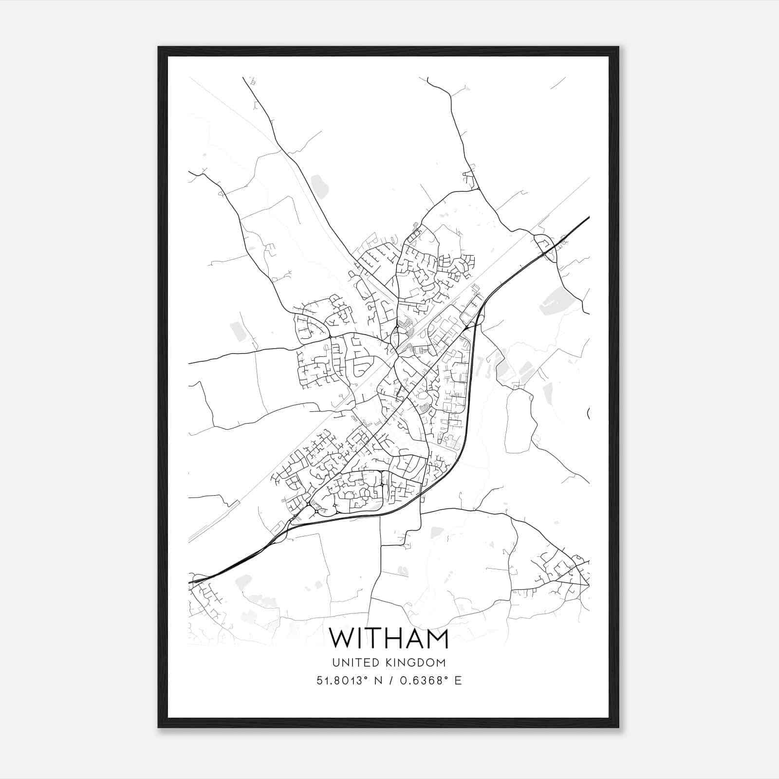 Witham United Kingdom Map Poster, Modern Home Decor Wall Art Print