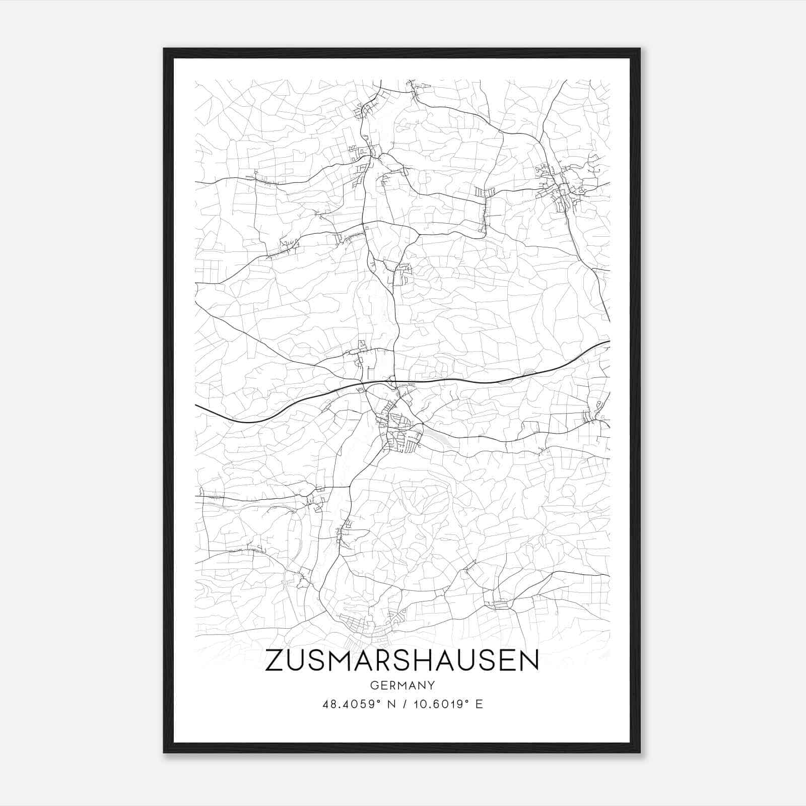 Zusmarshausen Germany Map Poster, Modern Home Decor Wall Art Print