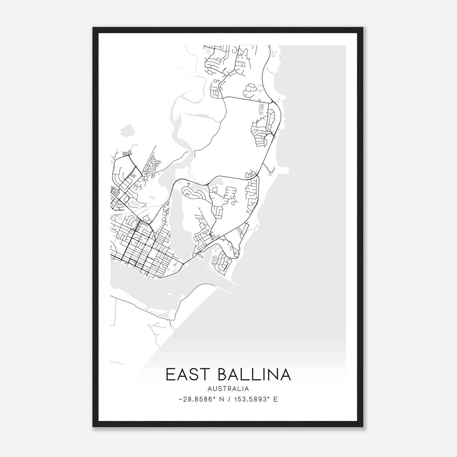 East Ballina Australia Map Poster, Modern Home Decor Wall Art Print