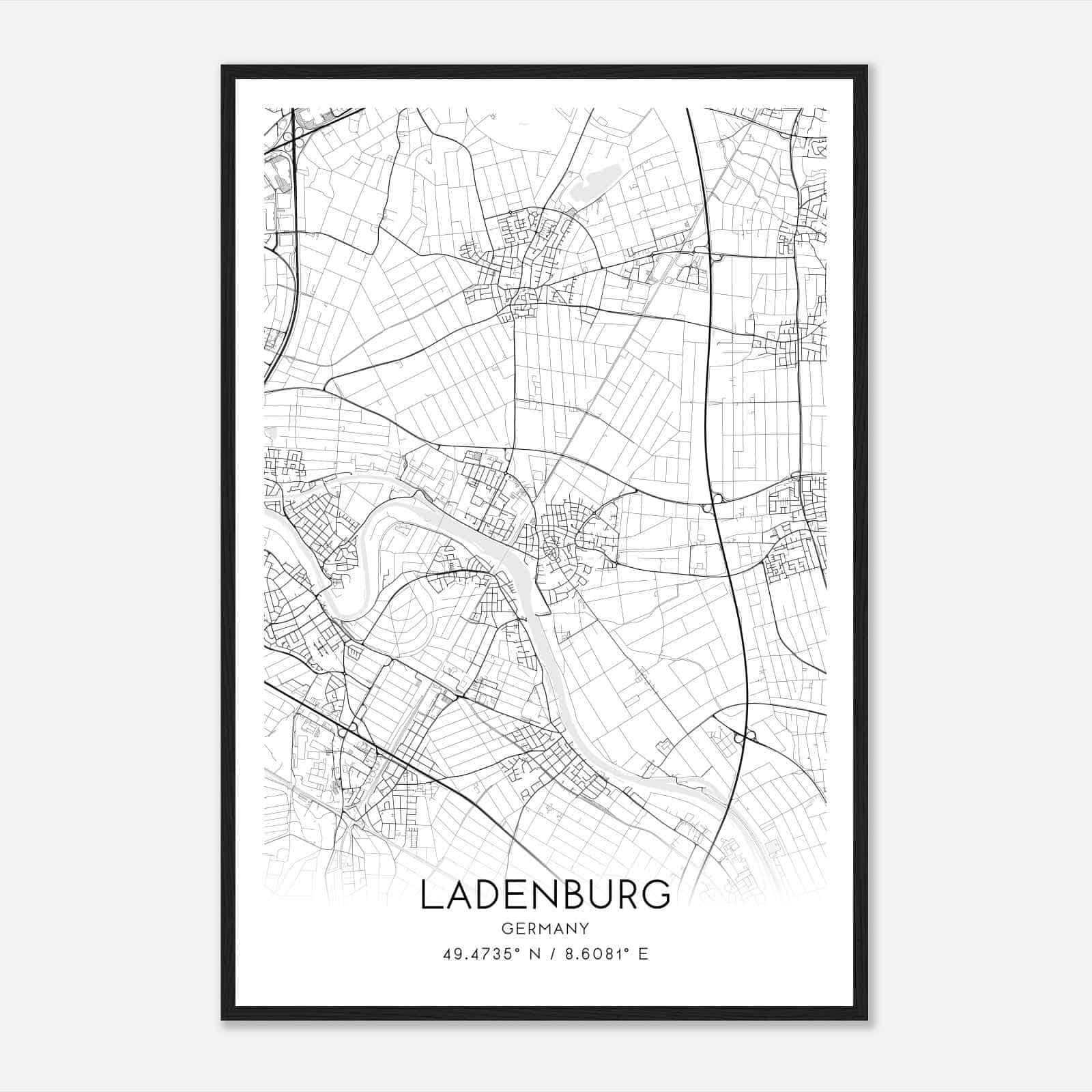 Ladenburg Germany Map Poster, Modern Home Decor Wall Art Print