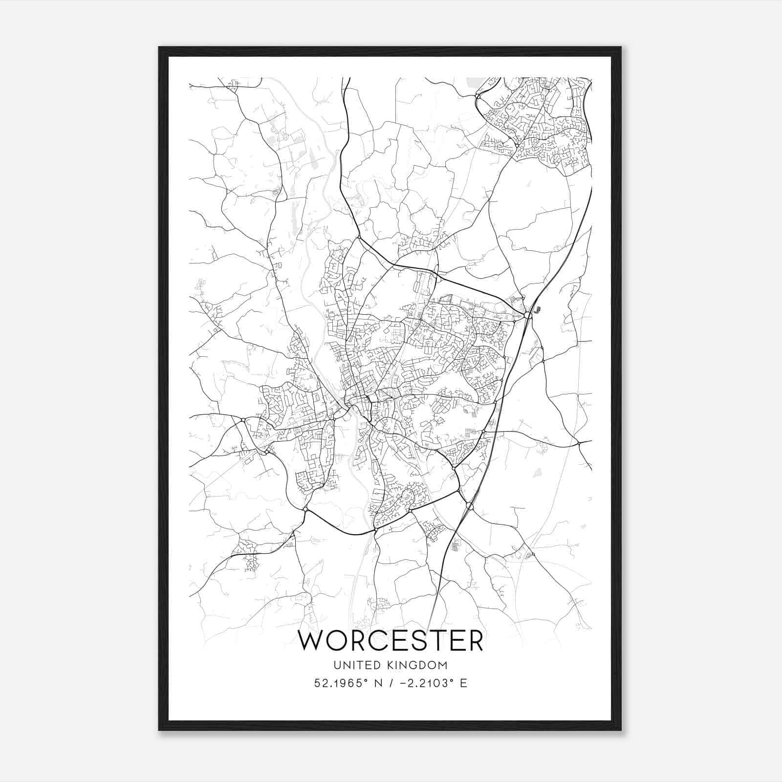 Worcester United Kingdom Map Poster, Modern Home Decor Wall Art Print