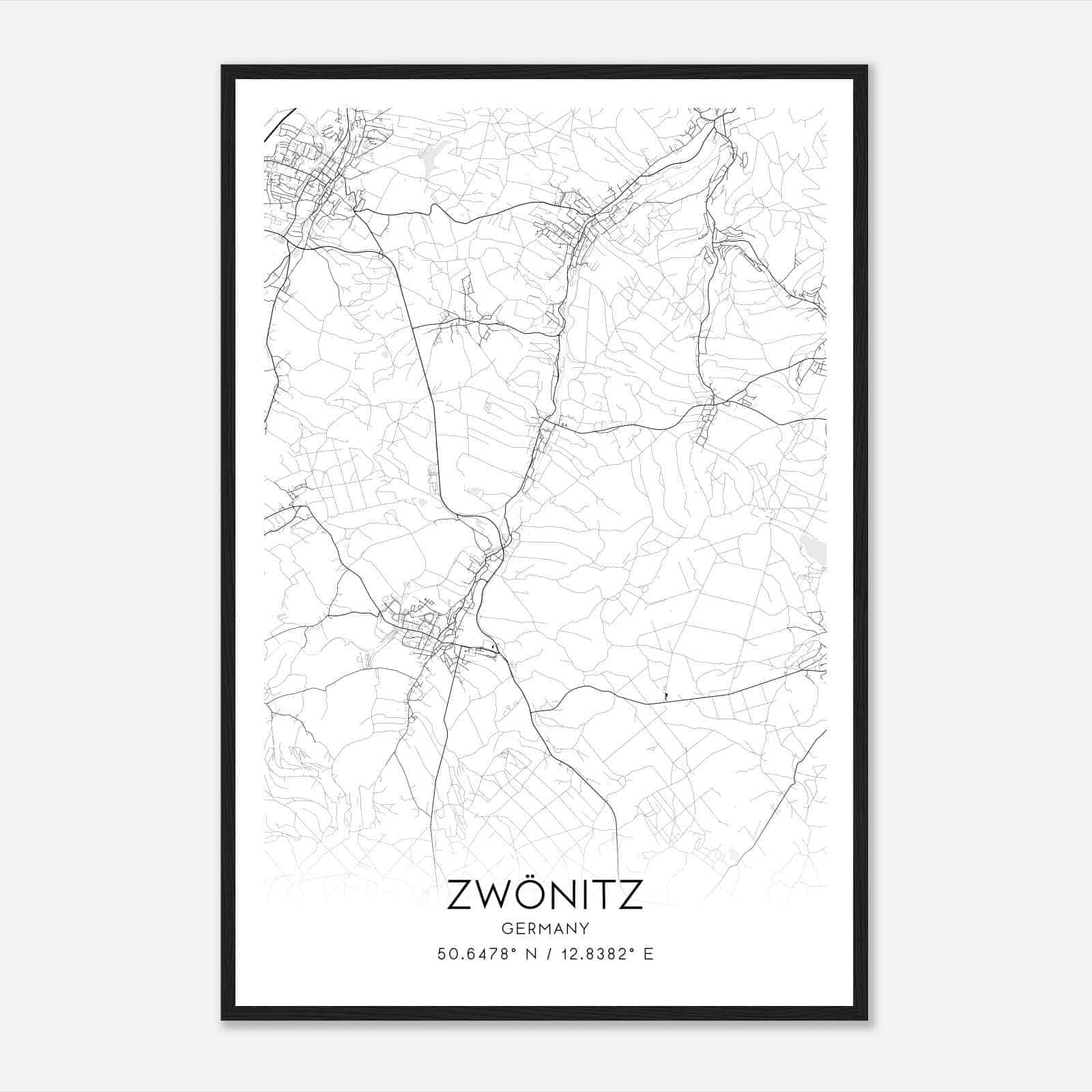 Zwonitz Germany Map Poster, Modern Home Decor Wall Art Print