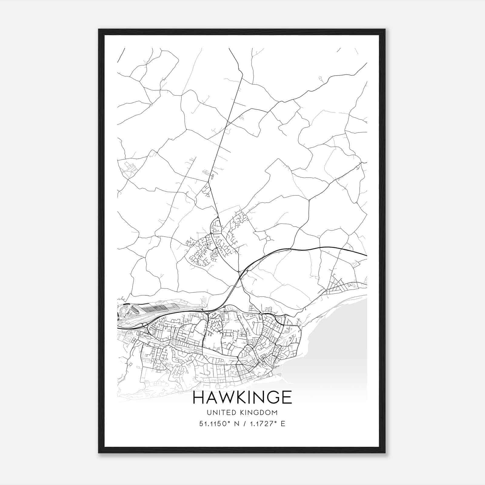 Hawkinge United Kingdom Map Poster, Modern Home Decor Wall Art Print