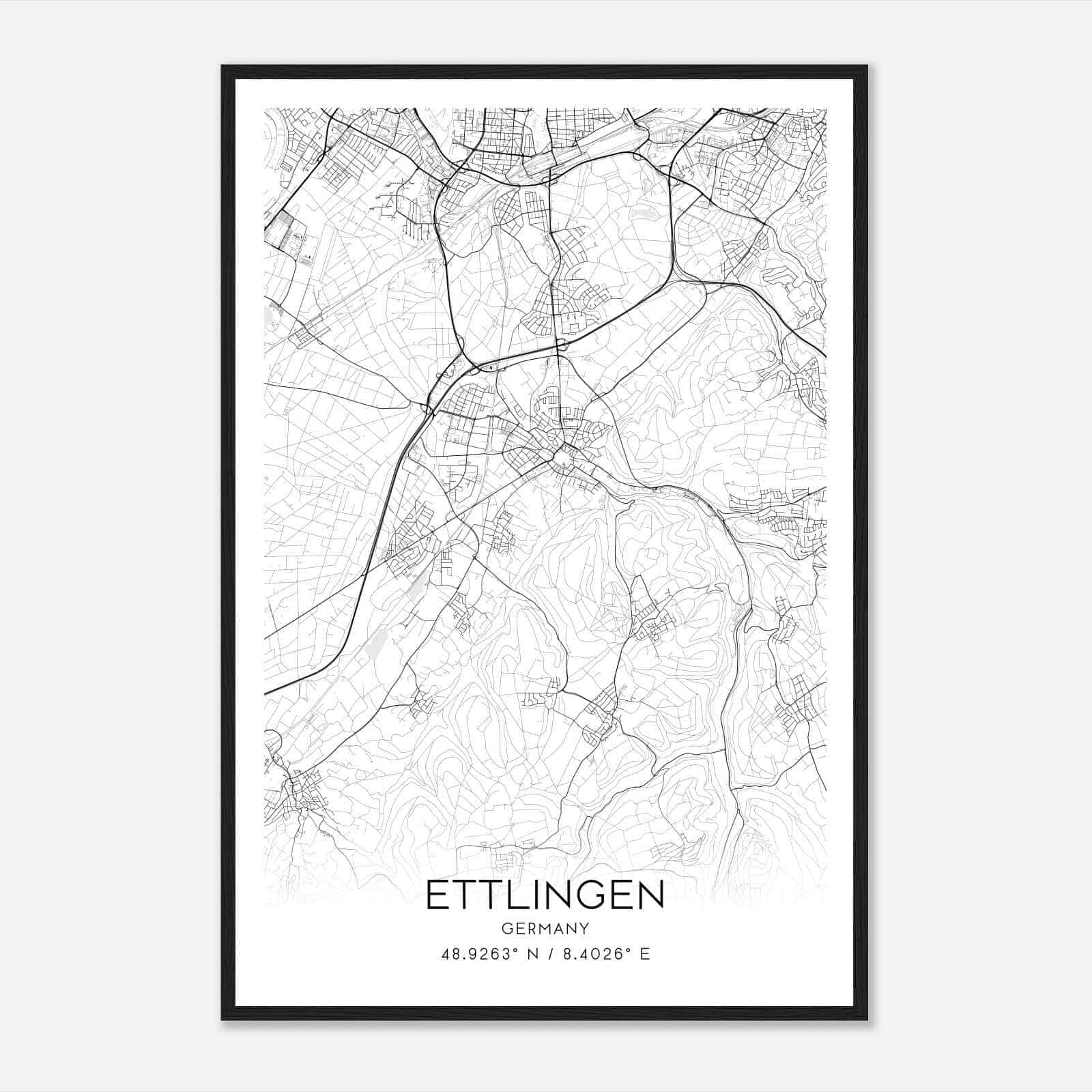 Ettlingen Germany Map Poster, Modern Home Decor Wall Art Print